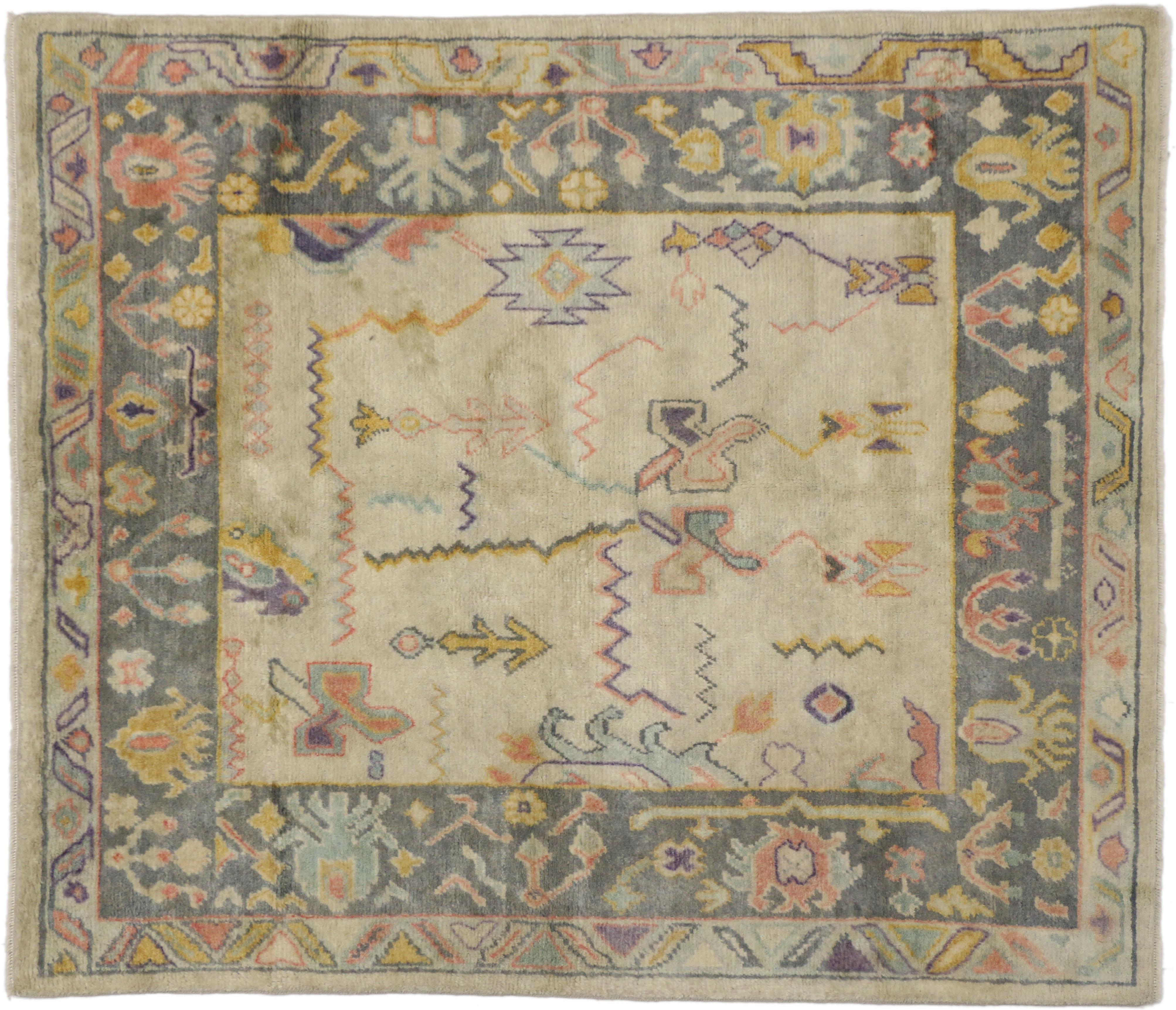 Wool New Contemporary Oushak Style Rug with Pastel Colors and Luxe Bohemian Glamour
