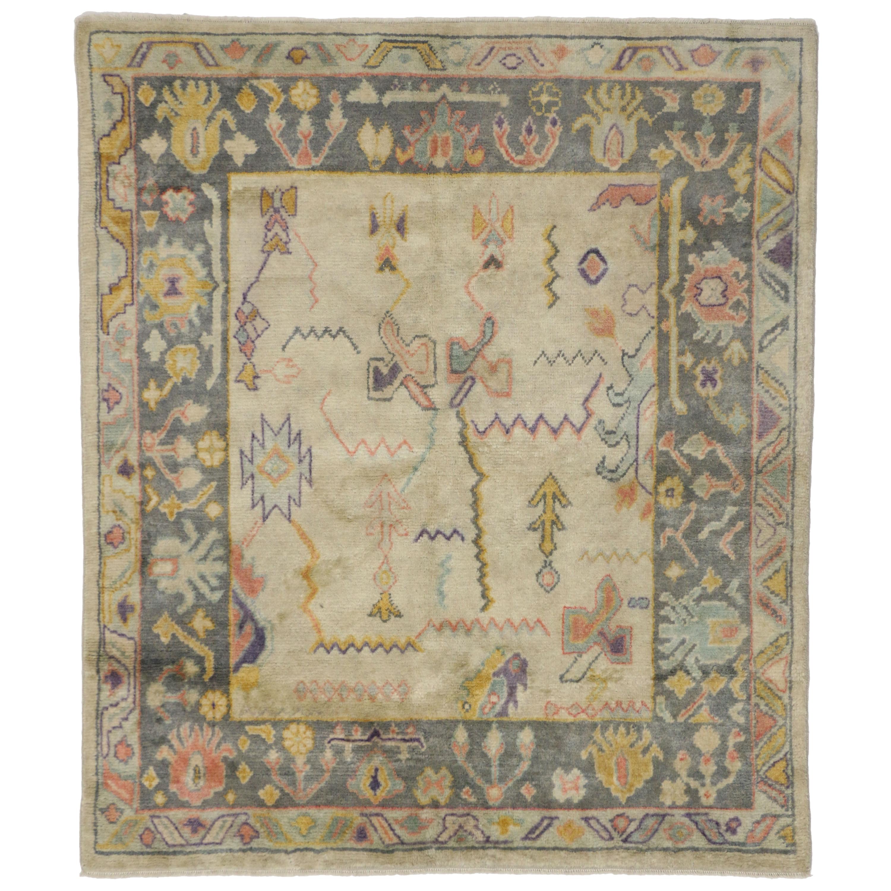 New Contemporary Oushak Style Rug with Pastel Colors and Luxe Bohemian Glamour