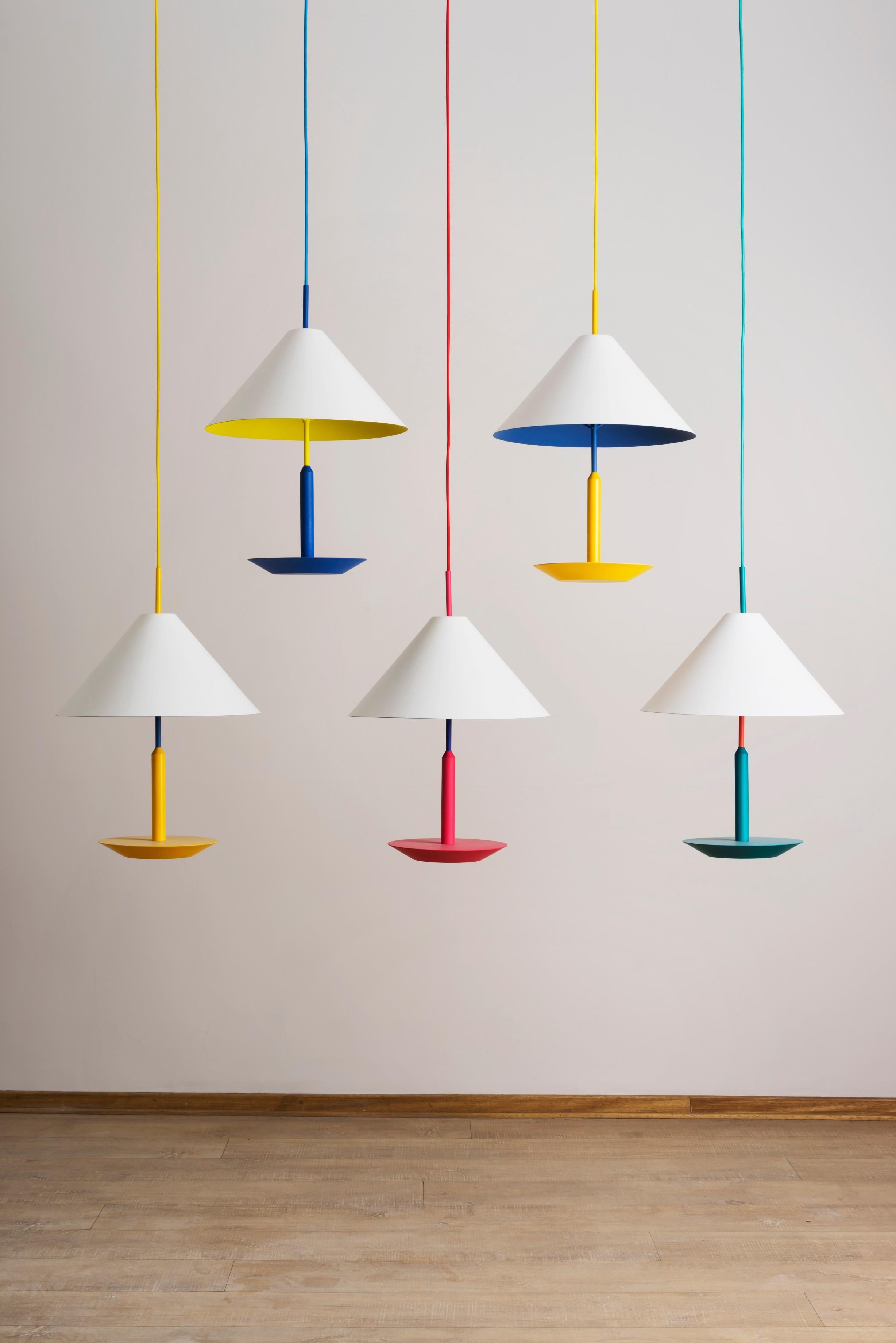 Colorful pendant lamp by Thomas Dariel, Maison Dada
Measures: Diameter 45 x height 65 cm
Tricolored
Powder coated metal shade in matte white
Vibrant complementary tones on lampshade’s interior and base
Color cable, adjustable cable height (max