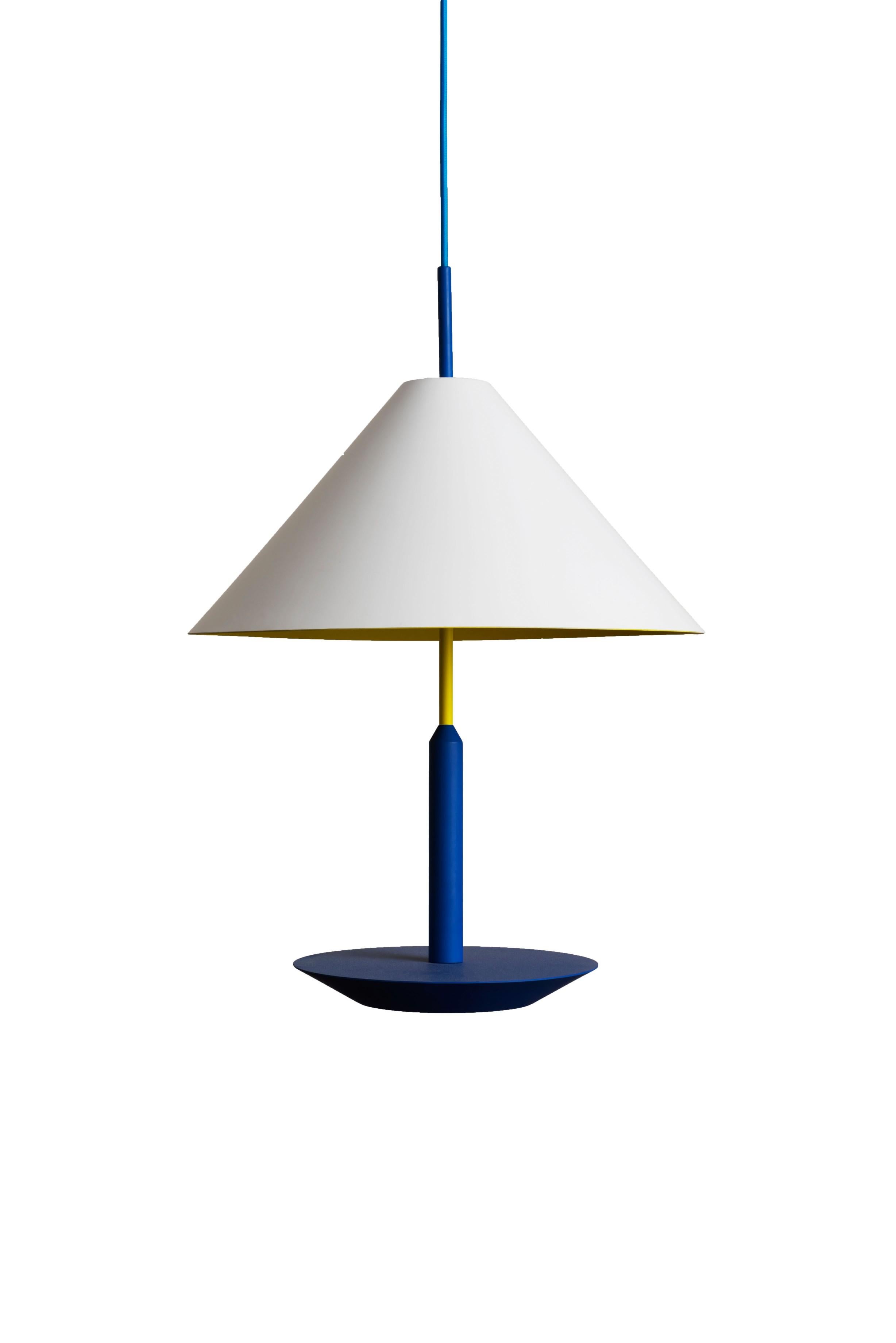 Colorful pendant lamp by Thomas Dariel, Maison Dada
Measures: Diameter 45 x Height 65 cm
Tricolored
Powder coated metal shade in matte white
Vibrant complementary tones on lampshade’s interior and base
Color cable, adjustable cable height (max