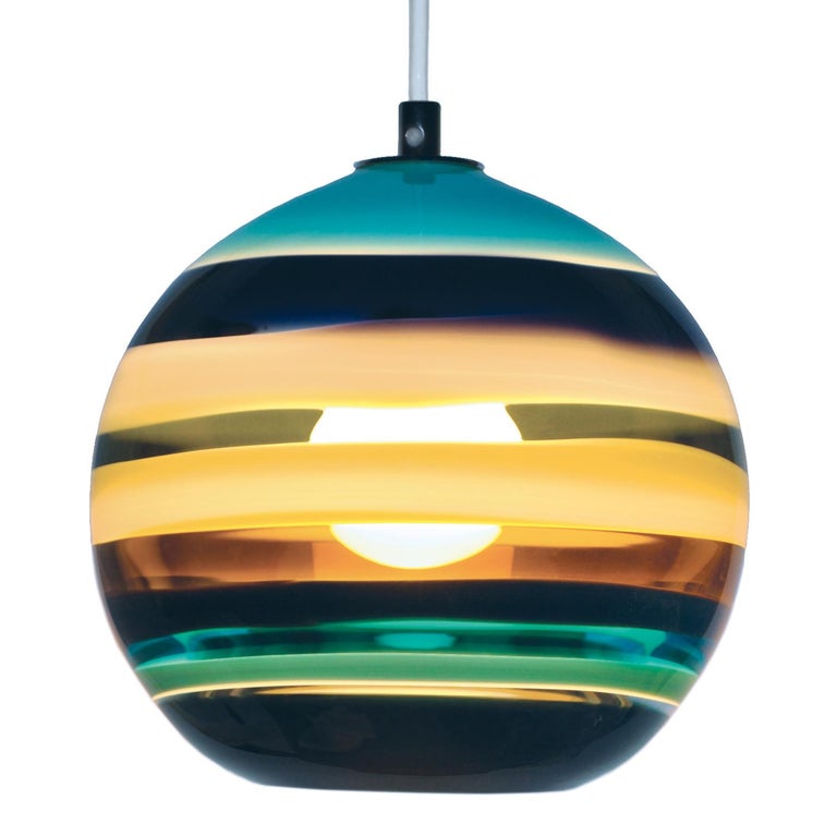 Colorful Pendant Lighting, Aqua Banded Orb, Hand Blown Glass For Sale