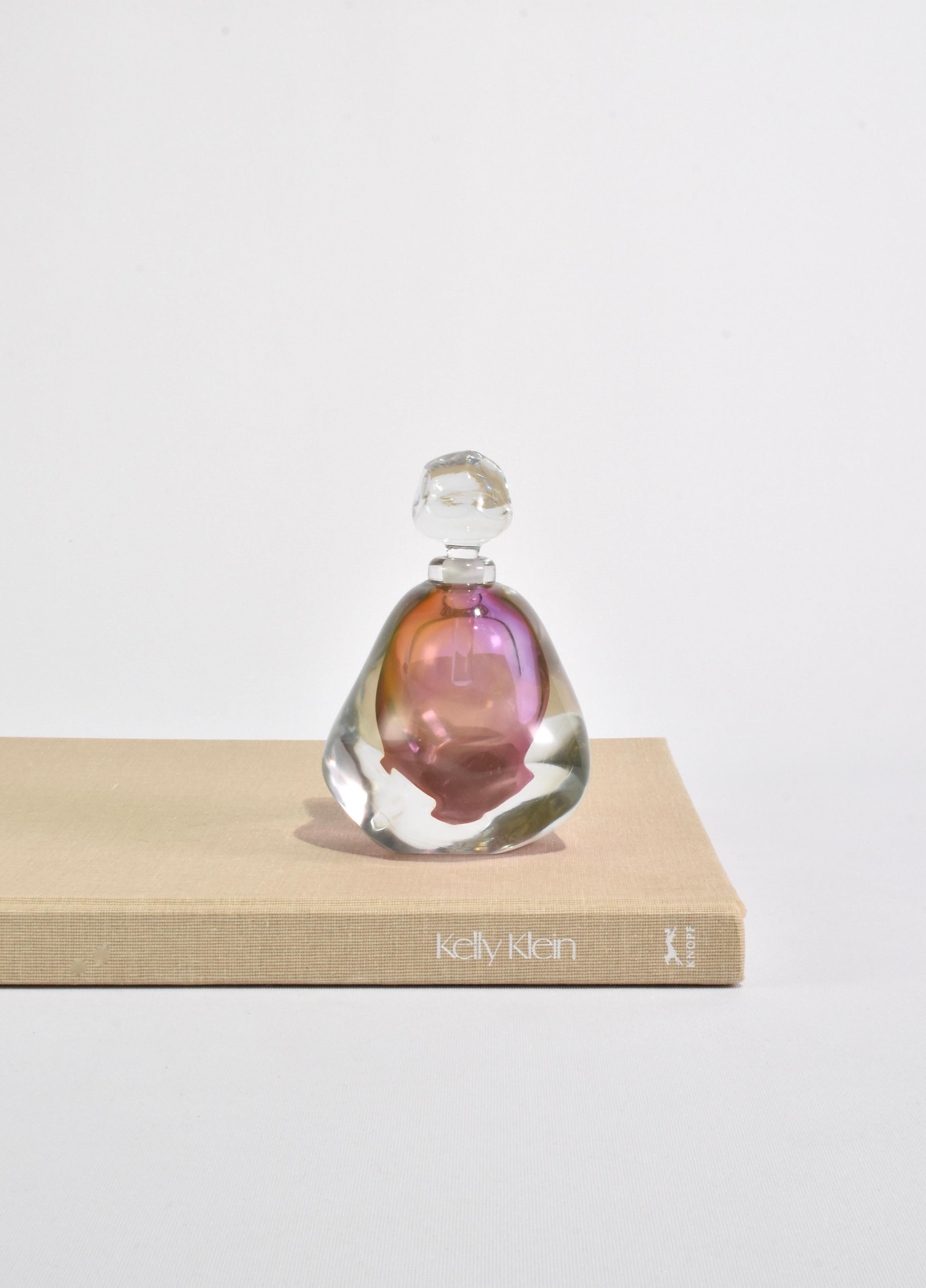 Stunning, colorful blown glass perfume bottle in an organic shape. Not signed, attributed to Leon Applebaum.