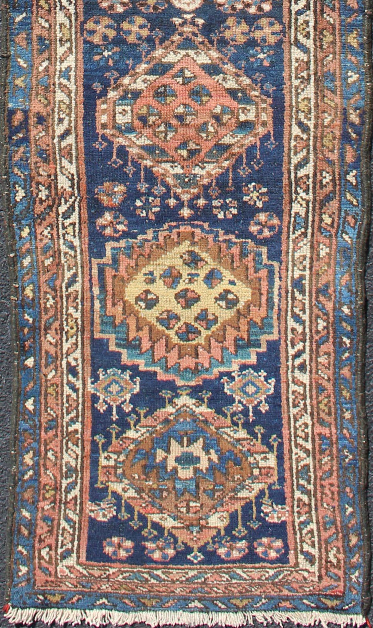 Heriz Serapi Colorful Persian Antique Karajeh Runner in Blue and Brown For Sale