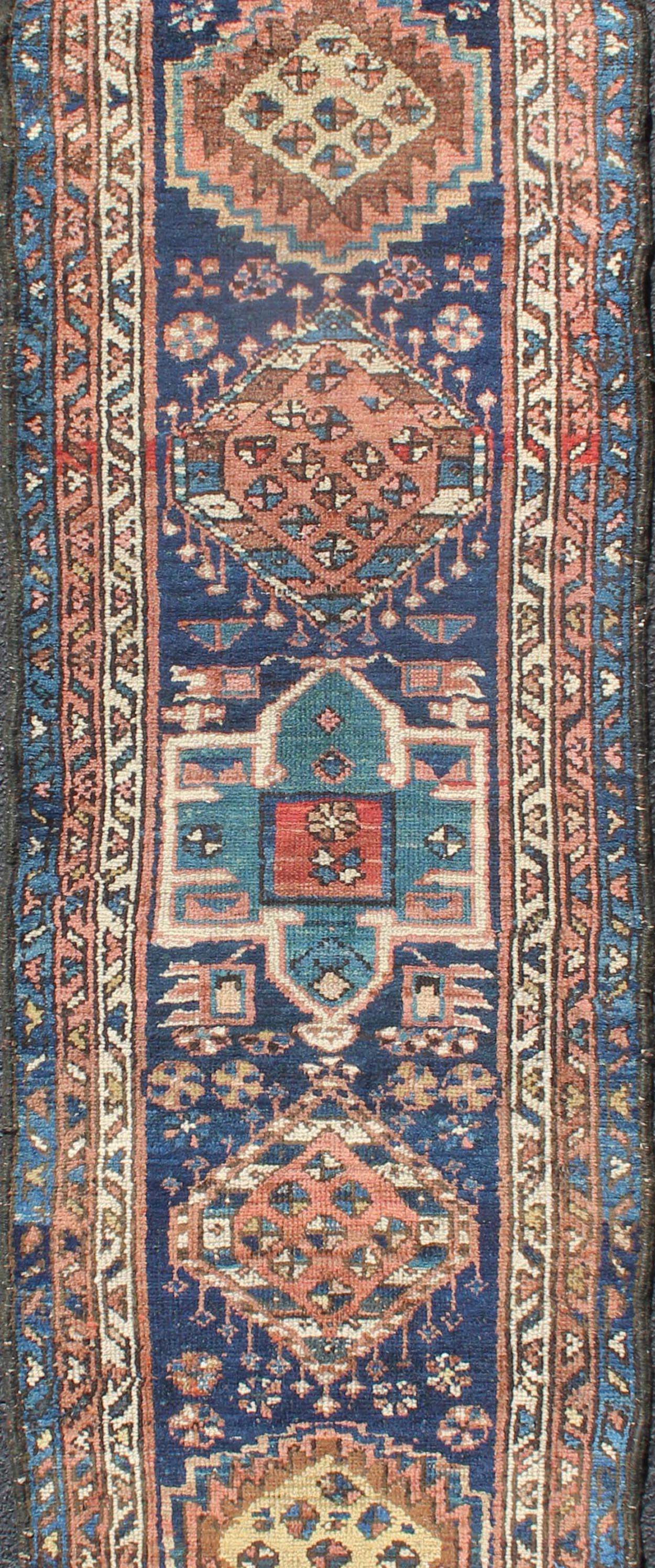 Hand-Knotted Colorful Persian Antique Karajeh Runner in Blue and Brown For Sale