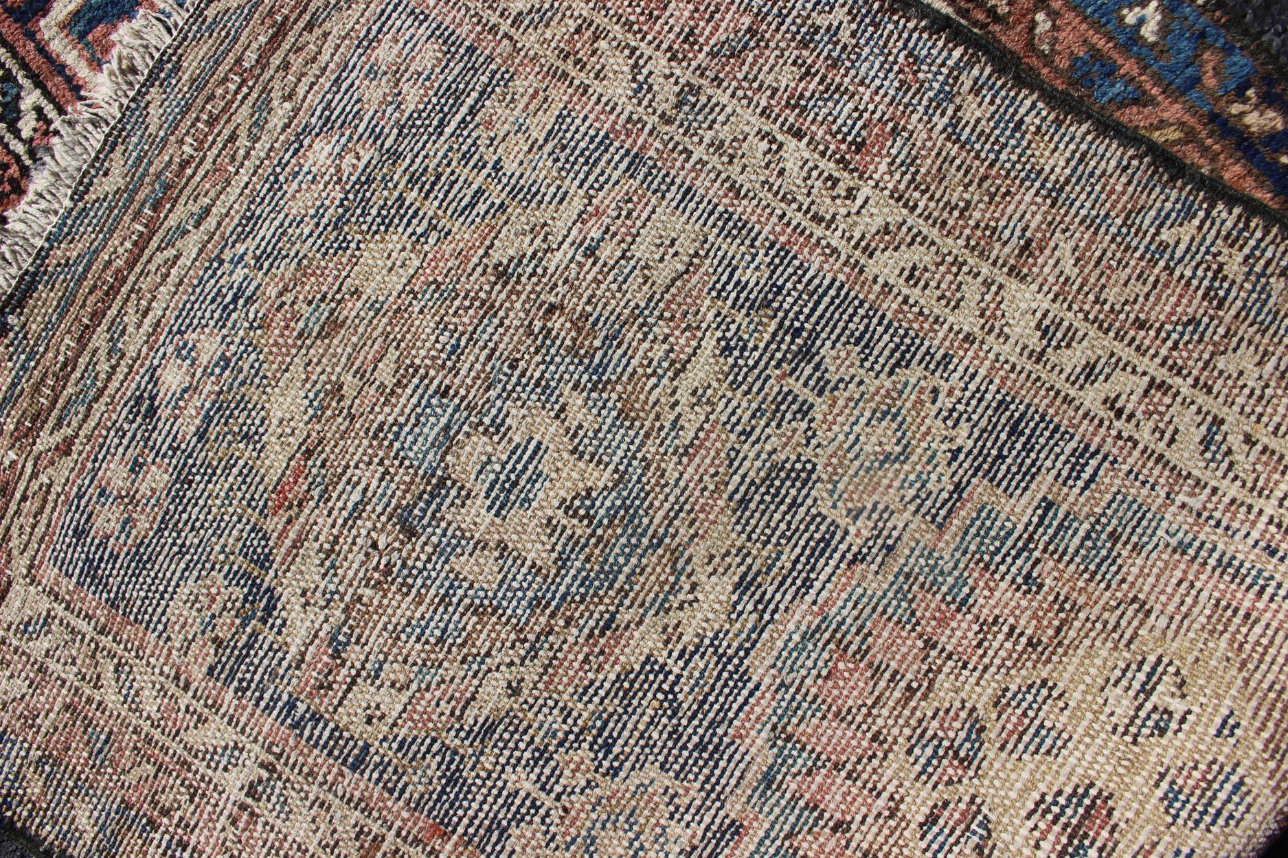 Colorful Persian Antique Karajeh Runner in Blue and Brown In Good Condition For Sale In Atlanta, GA