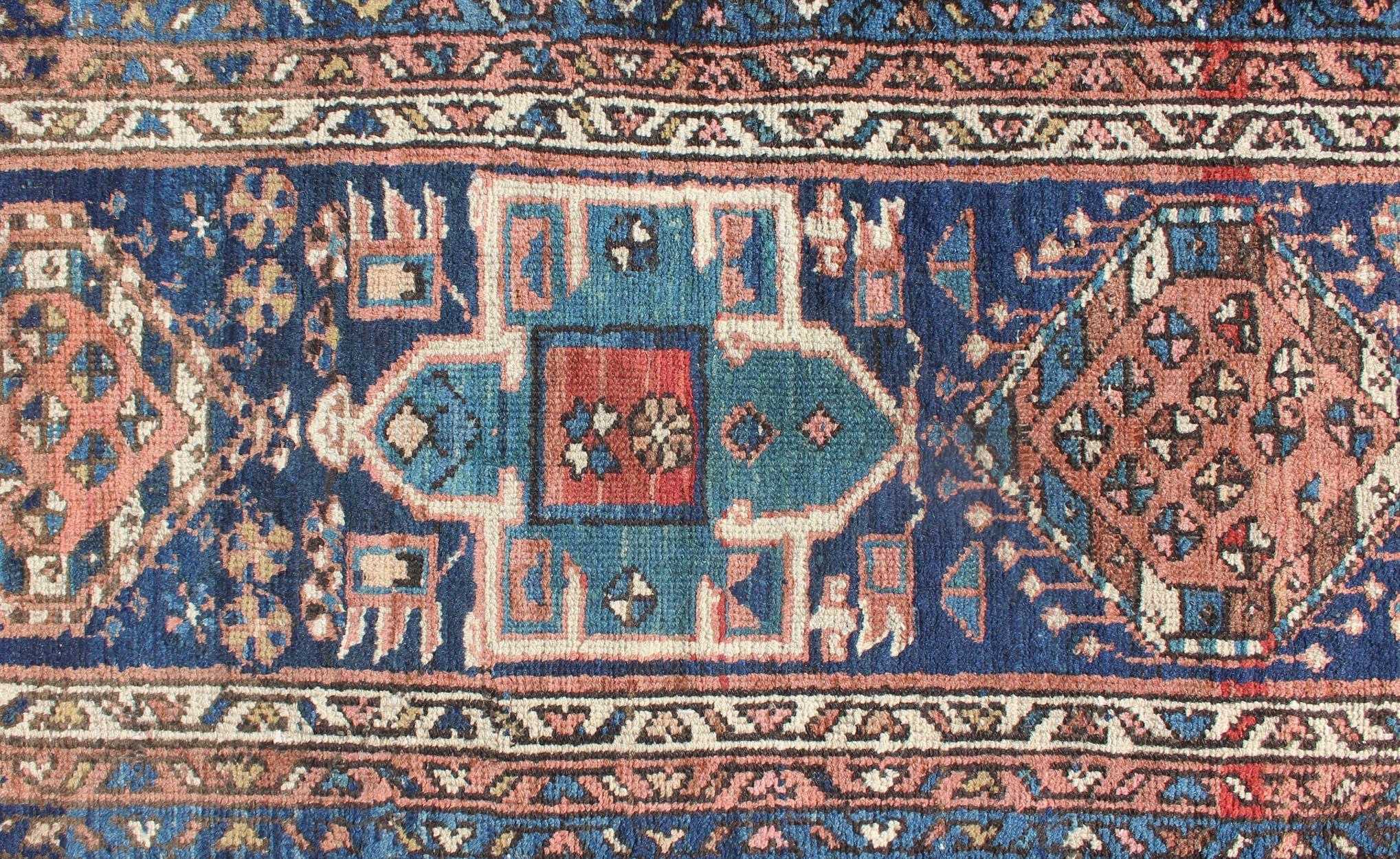Wool Colorful Persian Antique Karajeh Runner in Blue and Brown For Sale