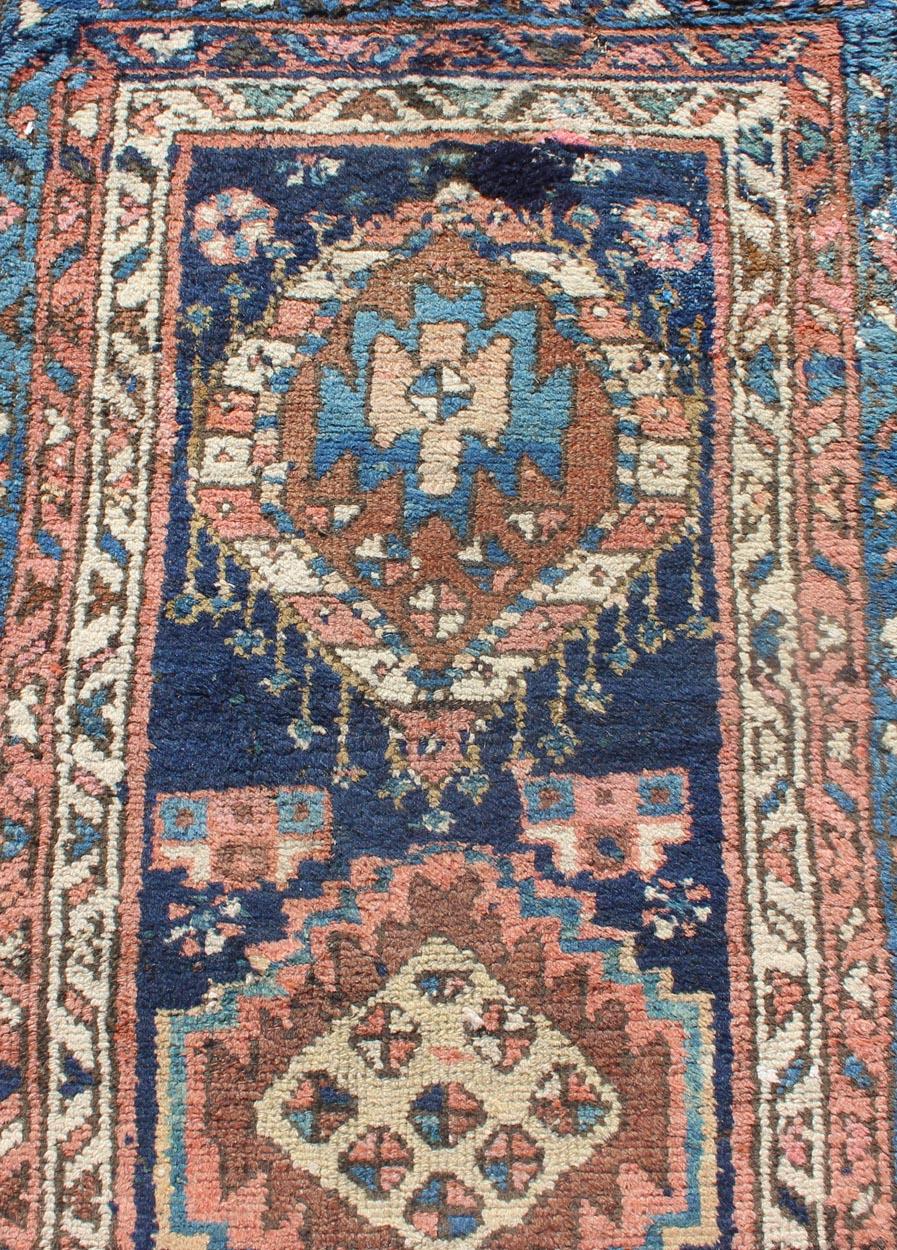 Colorful Persian Antique Karajeh Runner in Blue and Brown For Sale 1