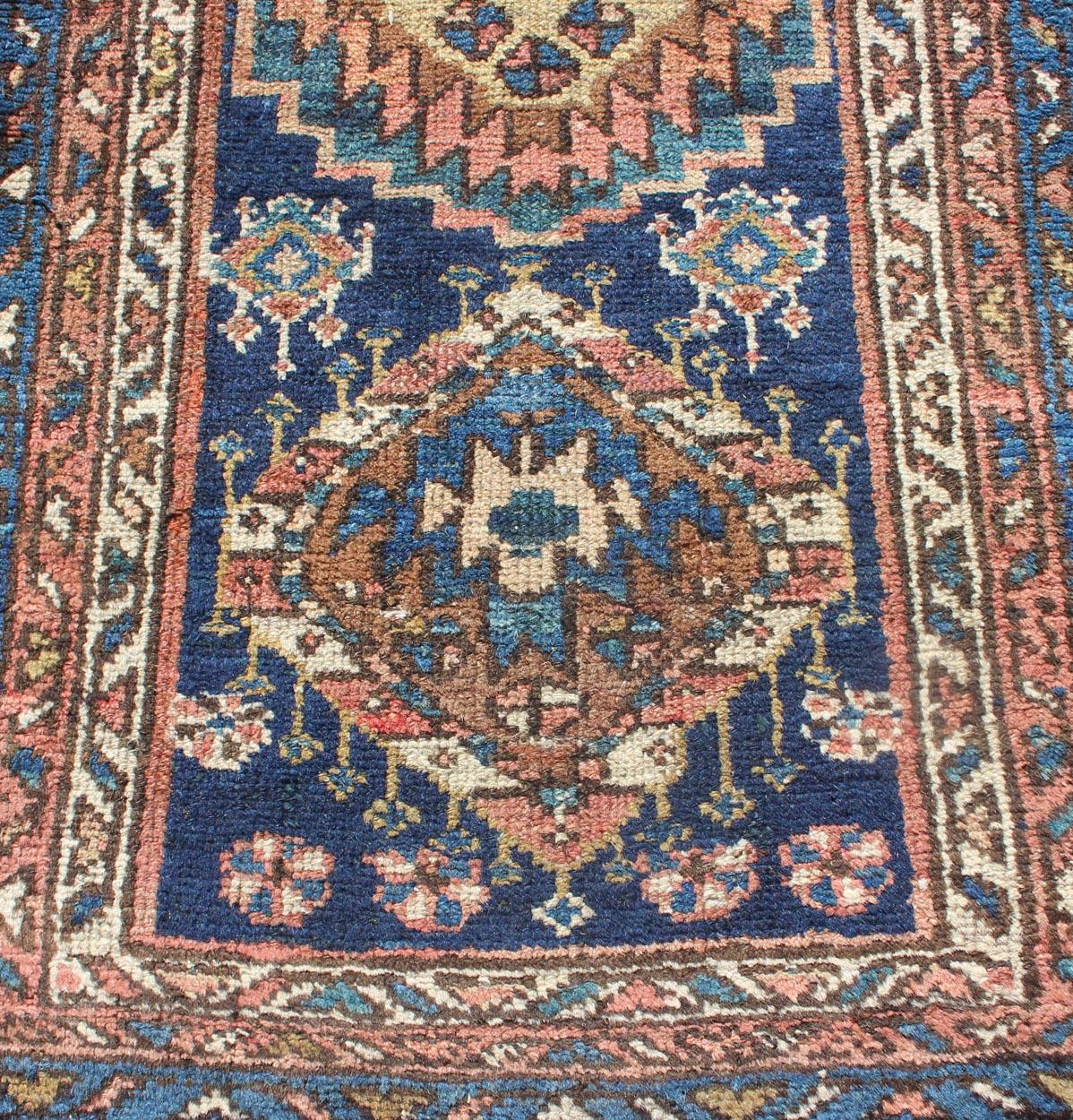 Colorful Persian Antique Karajeh Runner in Blue and Brown For Sale 2