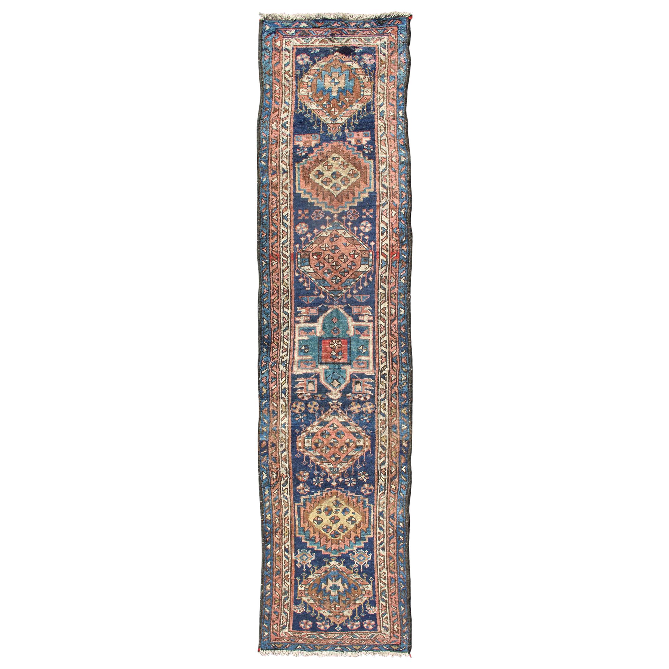 Colorful Persian Antique Karajeh Runner in Blue and Brown For Sale