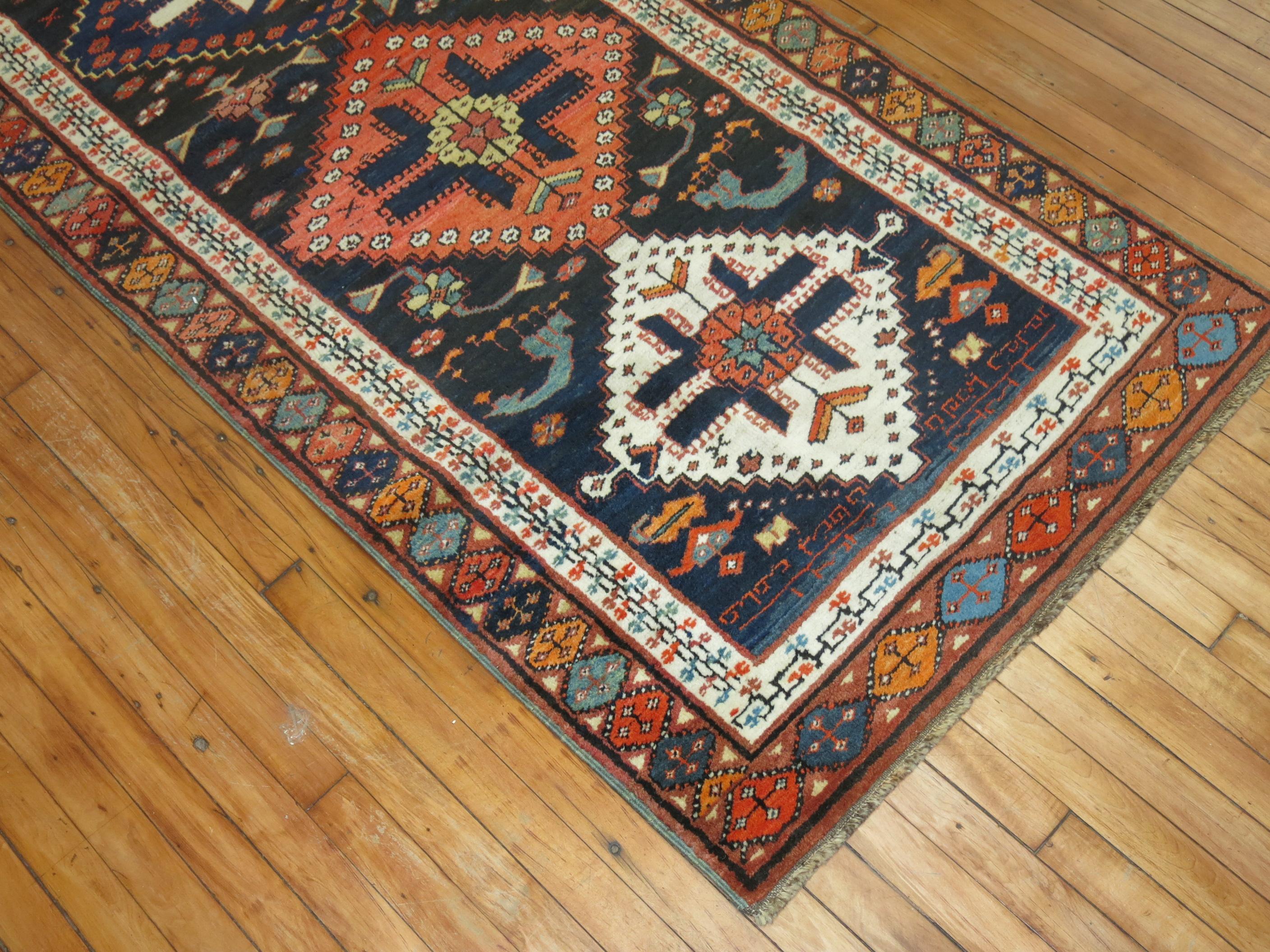 Hand-Knotted Colorful Persian Kurd Tribal Geometric Runner For Sale