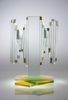 Green & Yellow Plate Glass Contemporary Tabletop Sculpture