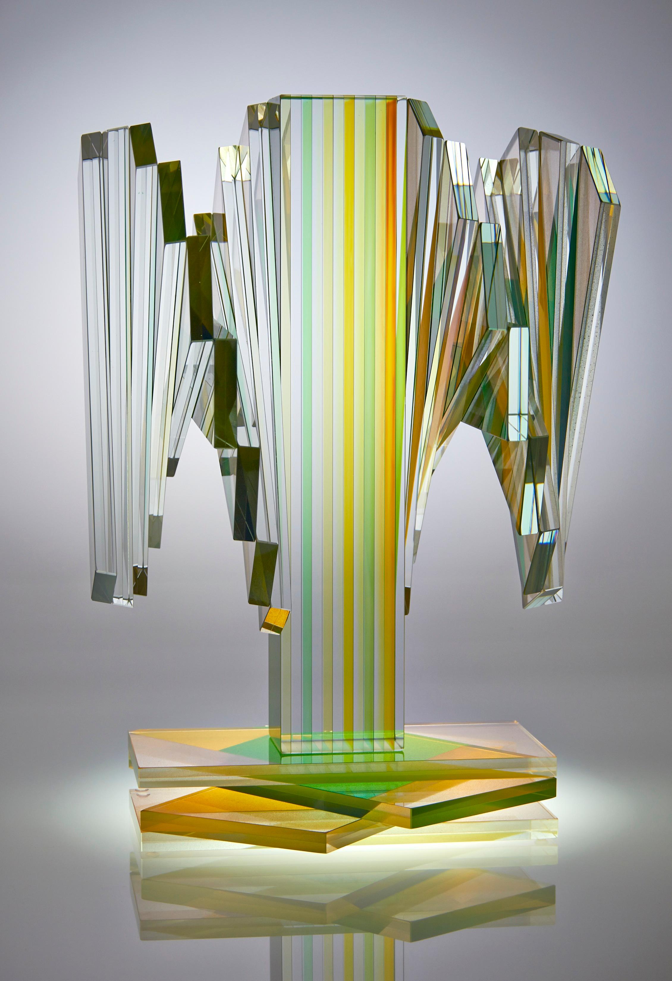 Modern Green & Yellow Plate Glass Contemporary Tabletop Sculpture For Sale