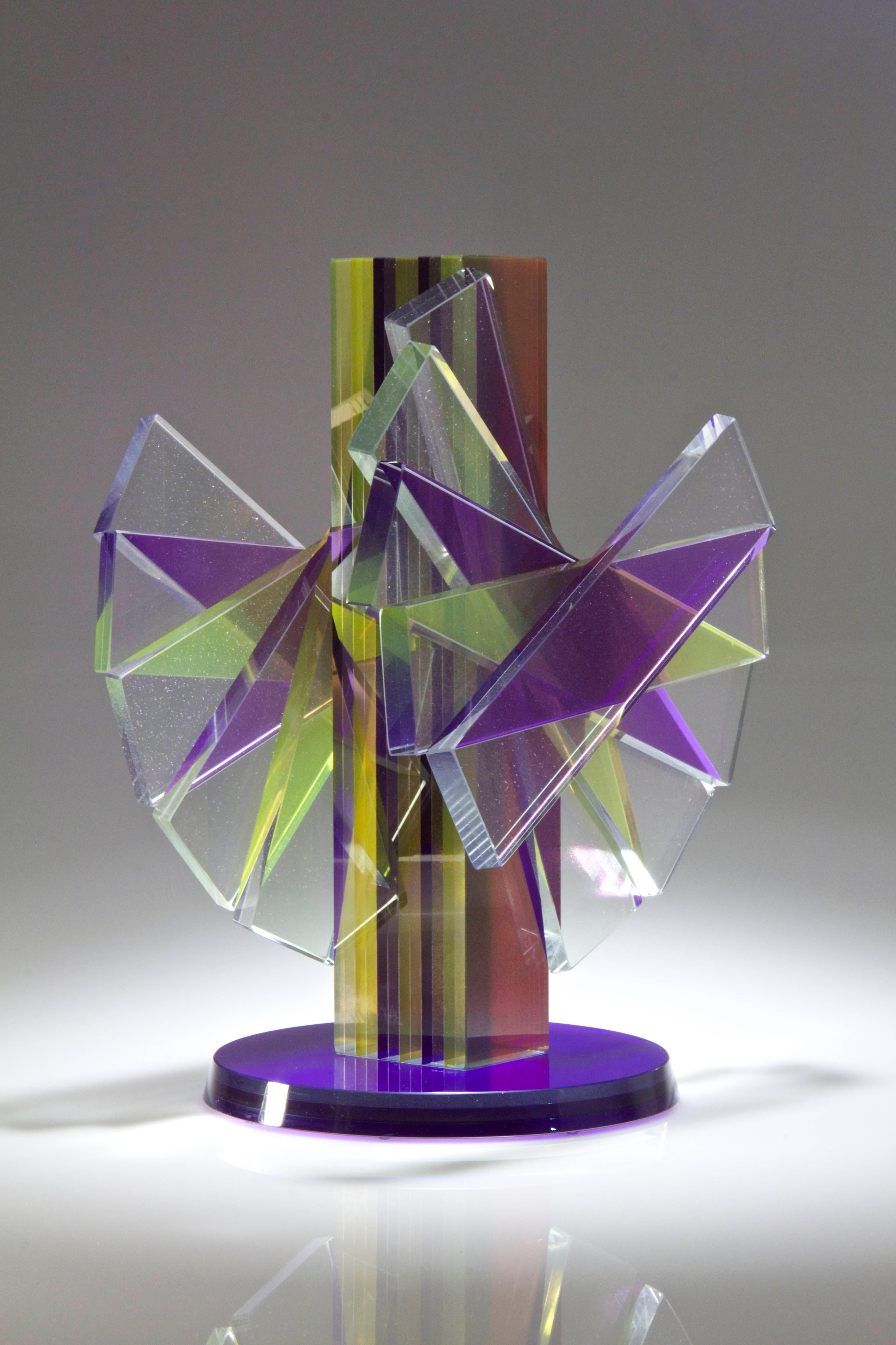 Hand-Crafted Purple & Yellow Plate Glass Contemporary Tabletop Sculpture For Sale