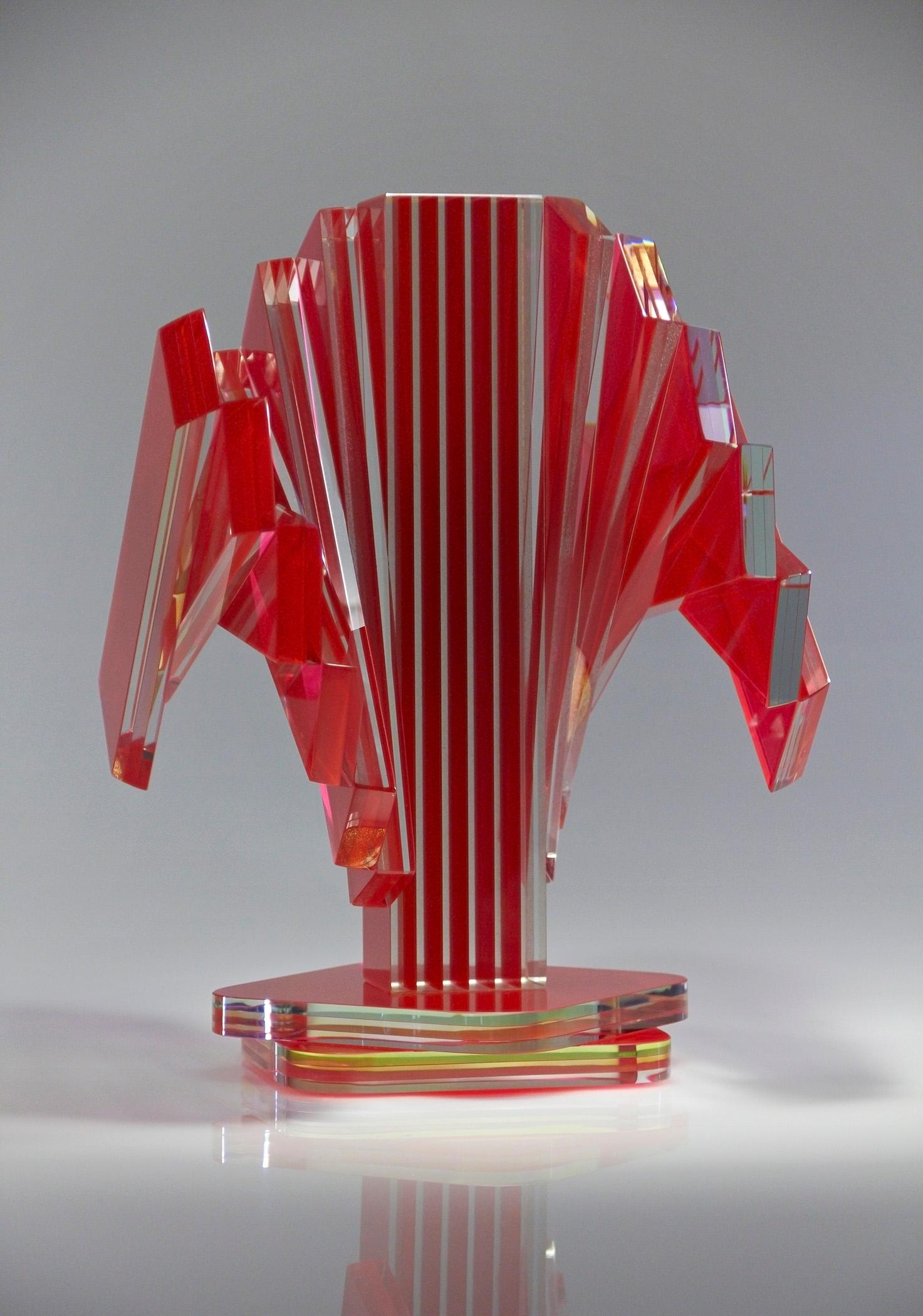 Hand-Crafted Red and Gold Plate Glass Contemporary Tabletop Sculpture For Sale