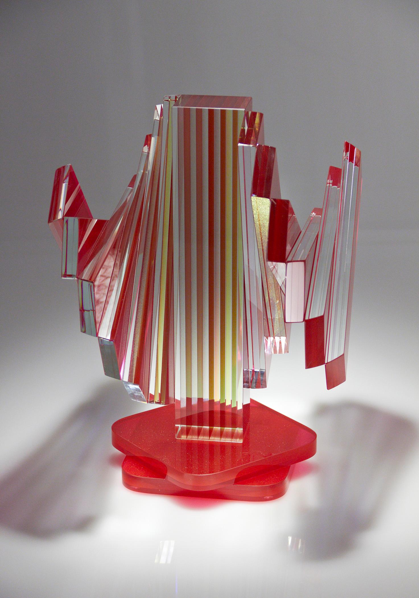 Red and Gold Plate Glass Contemporary Tabletop Sculpture In New Condition For Sale In Waltham, MA