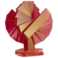 Red and Gold Plate Glass Contemporary Tabletop Sculpture Red and Gold Plate Glass Contemporary Tabletop Sculpture