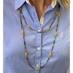 Colorful Pink Green Tourmaline Gemstone 14 Karat Yellow Gold Bead Necklace