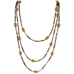 Colorful Pink Green Tourmaline Gemstone 14 Karat Yellow Gold Bead Necklace
