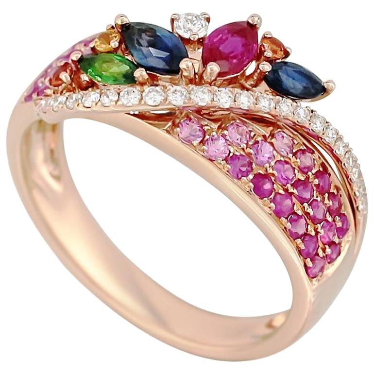 Colorful Pink Sapphire Emerald Ruby Tsavorite Diamond Cocktail Rose Gold Ring For Sale