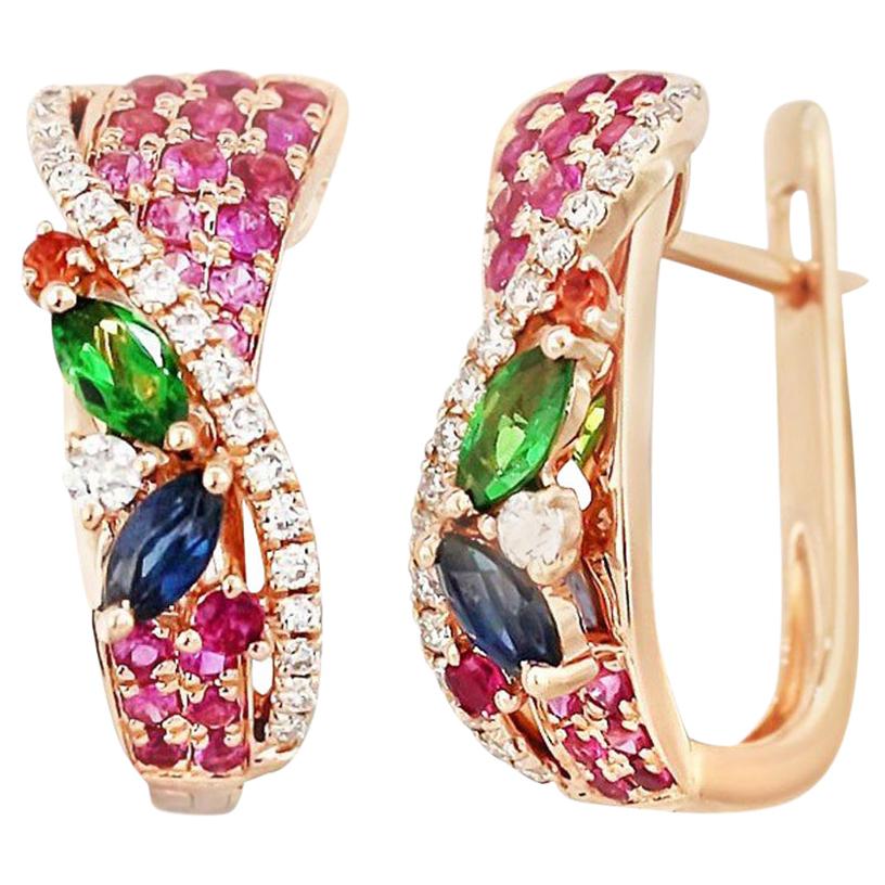 Colorful Pink Sapphire Emerald Ruby Tsavorite Diamond Rose Gold Drop Earrings