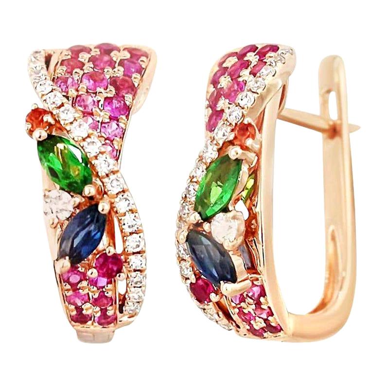 Colorful Pink Sapphire Emerald Ruby Tsavorite Diamond Rose Gold Drop Earrings For Sale
