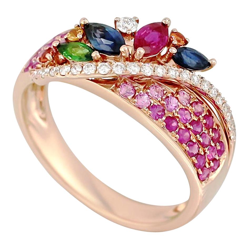 Colorful Pink Sapphire Emerald Ruby Tsavorite Diamond Rose Yellow Gold Ring For Sale