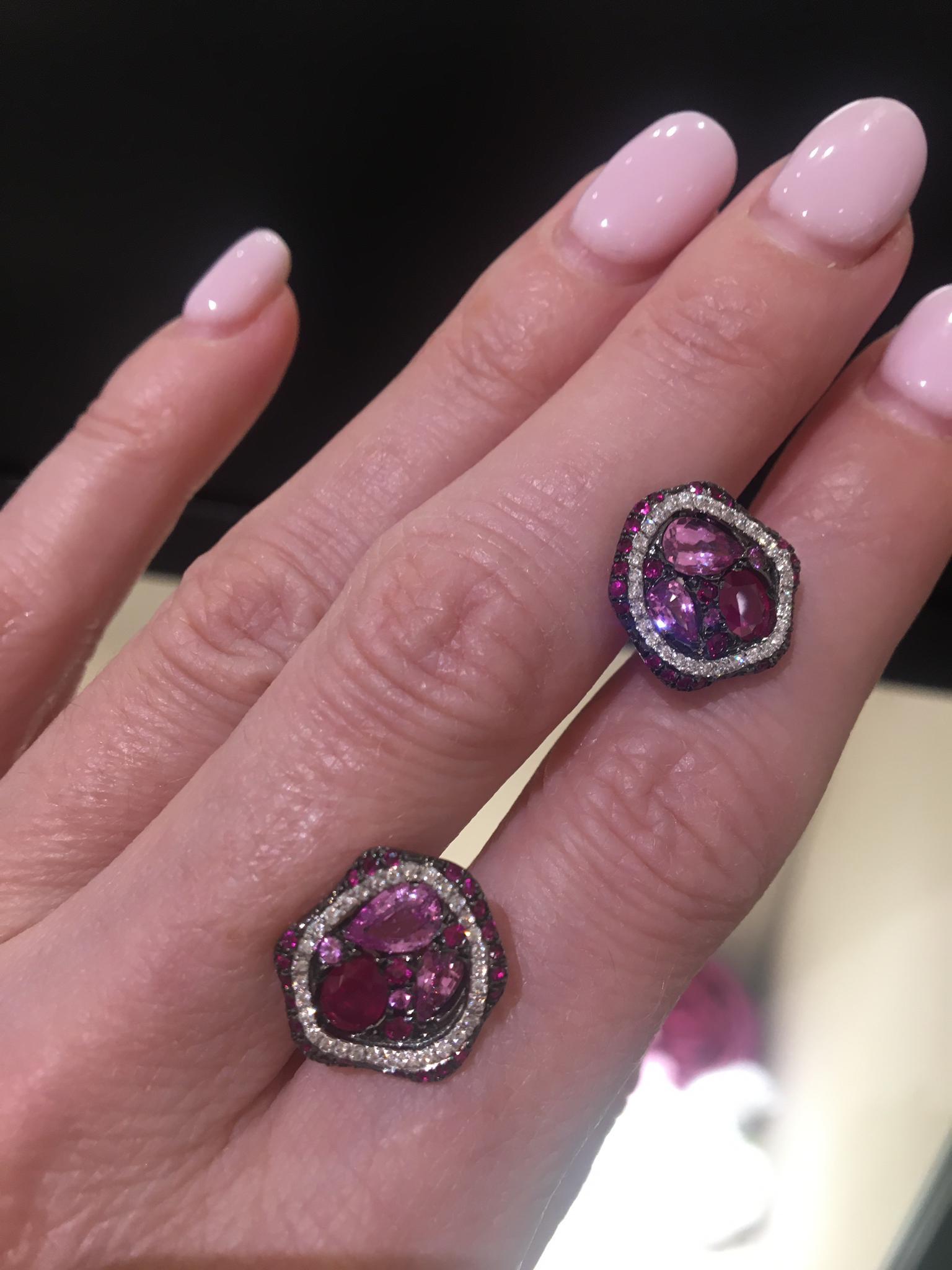 Round Cut Colorful Pink Sapphire Ruby Diamond Cocktail White 14 Karat Gold Ring for Her For Sale