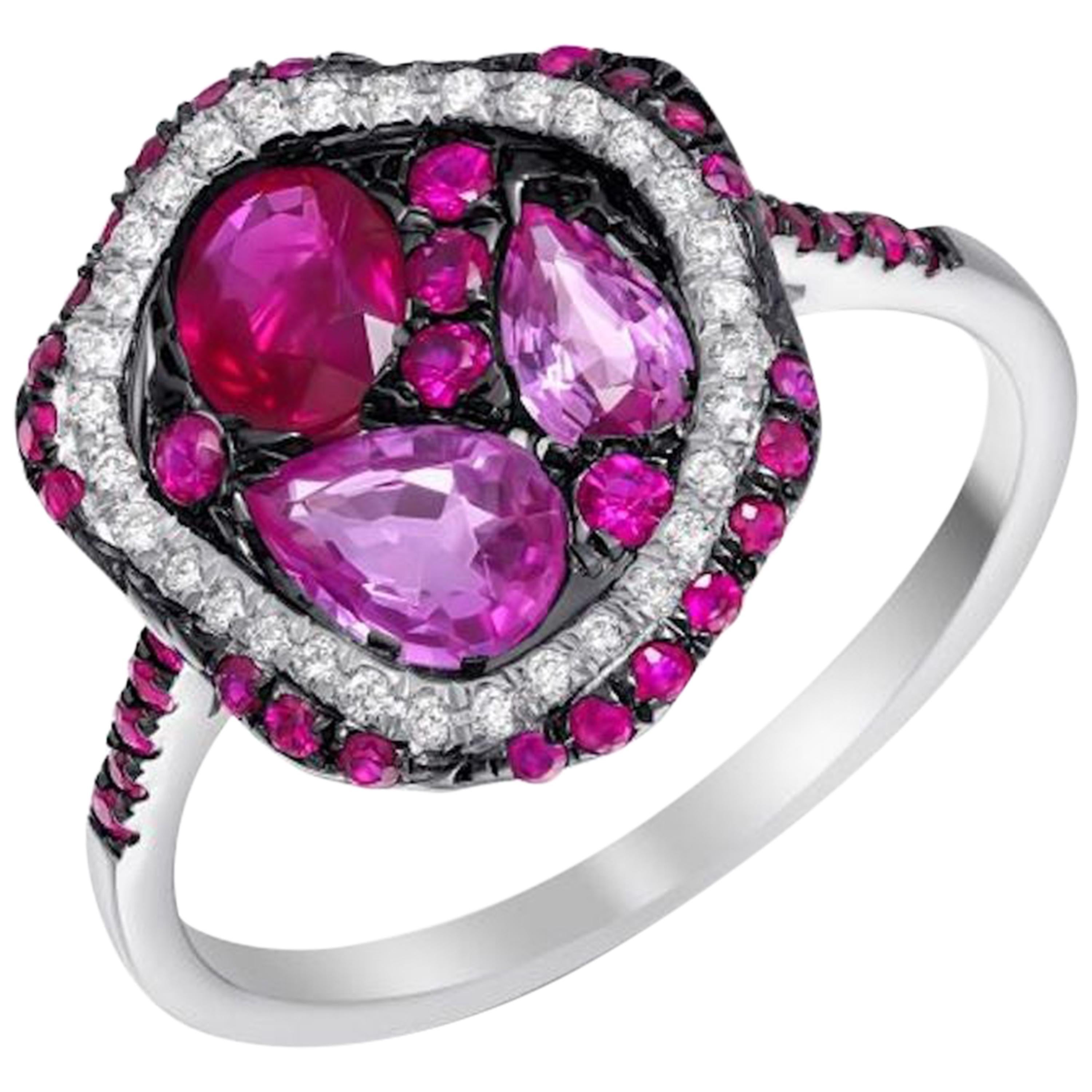 Colorful Pink Sapphire Ruby Diamond Cocktail White 14 Karat Gold Ring for Her