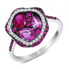 Colorful Pink Sapphire Ruby Diamond Cocktail White 14 Karat Gold Ring for Her