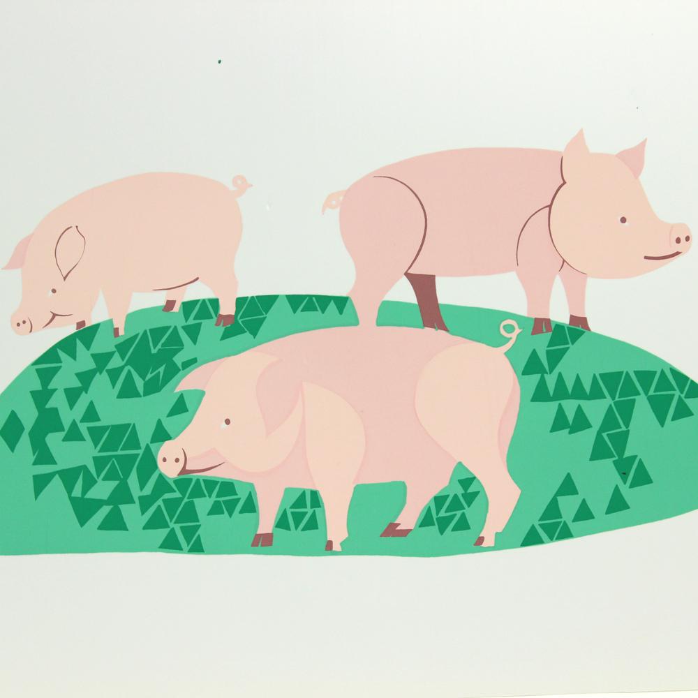 Mid-20th Century Colorful Plastic Wall Art Ilustration of Three Pigs, Czechoslovakia, 1960 For Sale