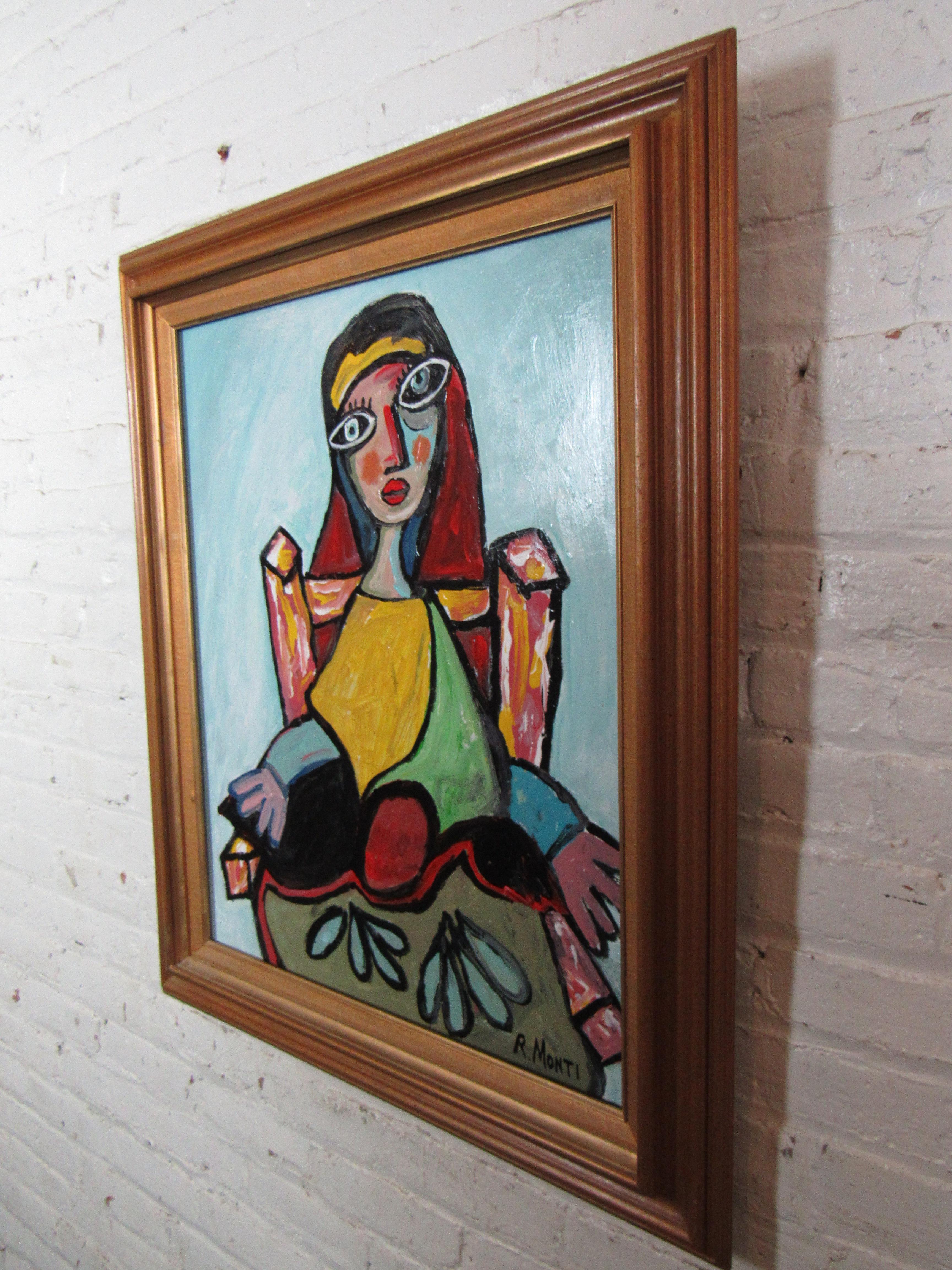 An expressive portrait rendered in thick vibrant oil paint and geometric forms, by Pennsylvania-based artist R. Monti. Signed by the artist and held in an ornate wooden frame. Please confirm item location with seller (NY/NJ).