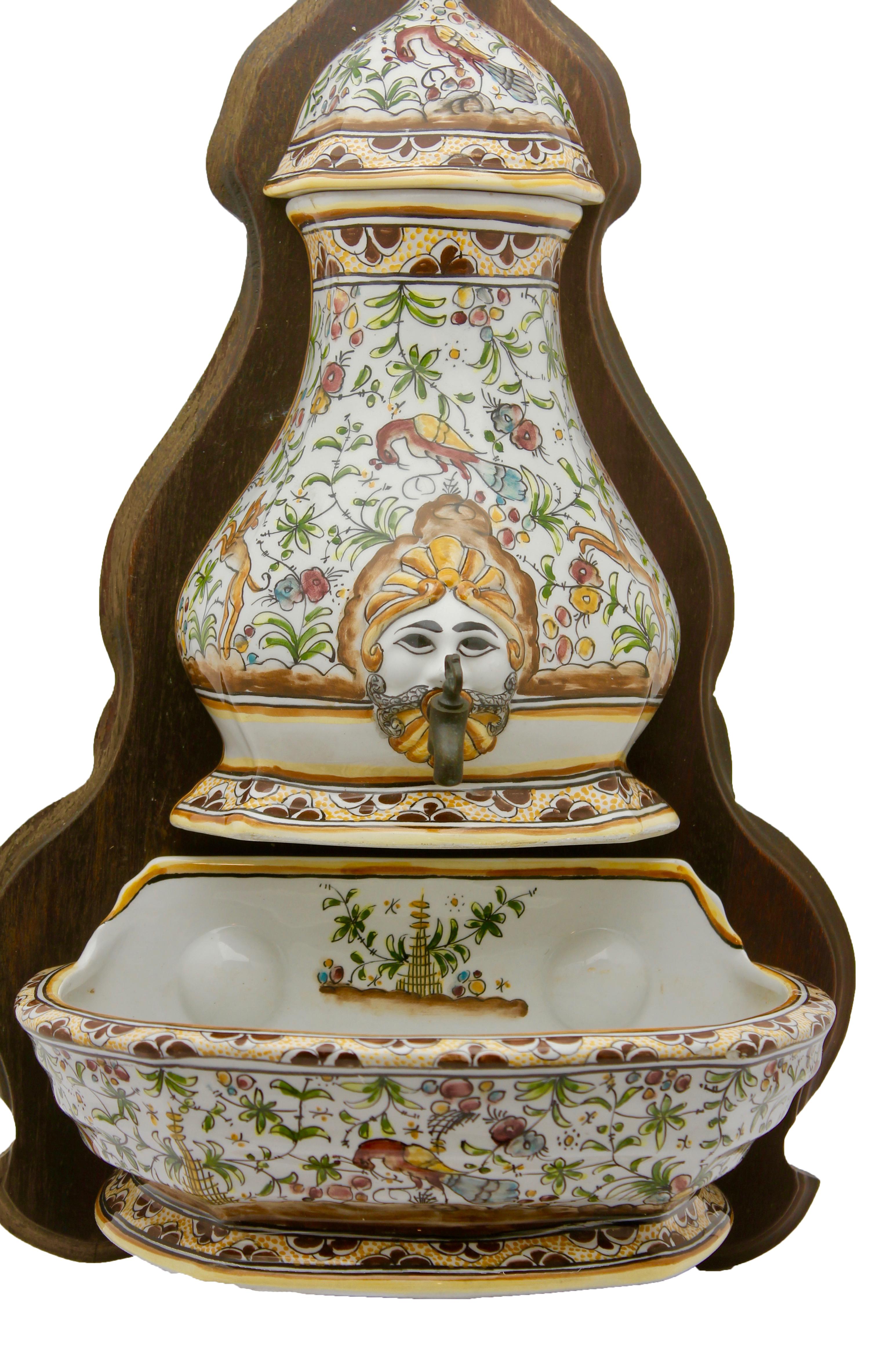 Glazed Colorful Portuguese Cistern/Humidifier with 17th Century Flowers & Masque Decor For Sale