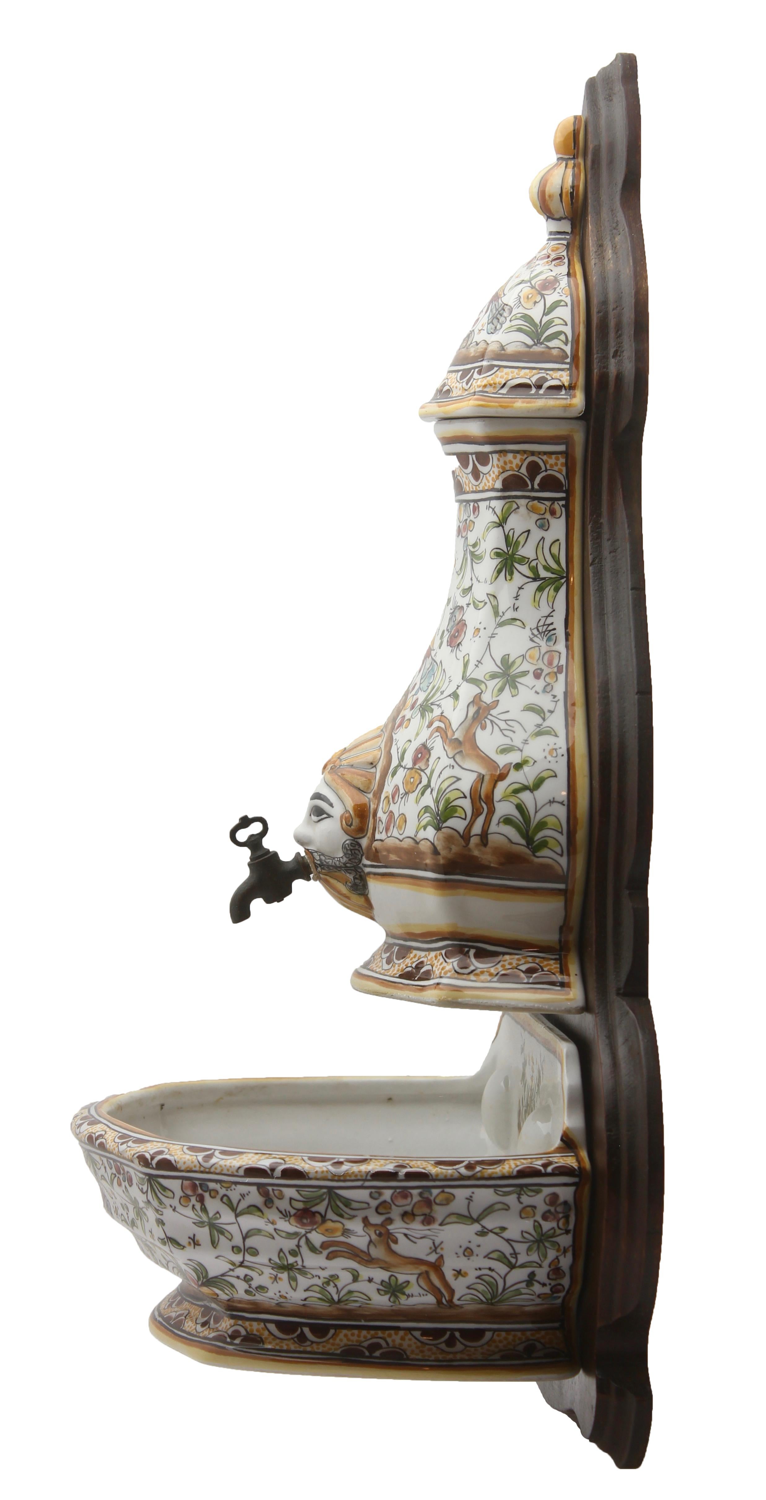 Colorful Portuguese Cistern/Humidifier with 17th Century Flowers & Masque Decor For Sale 1