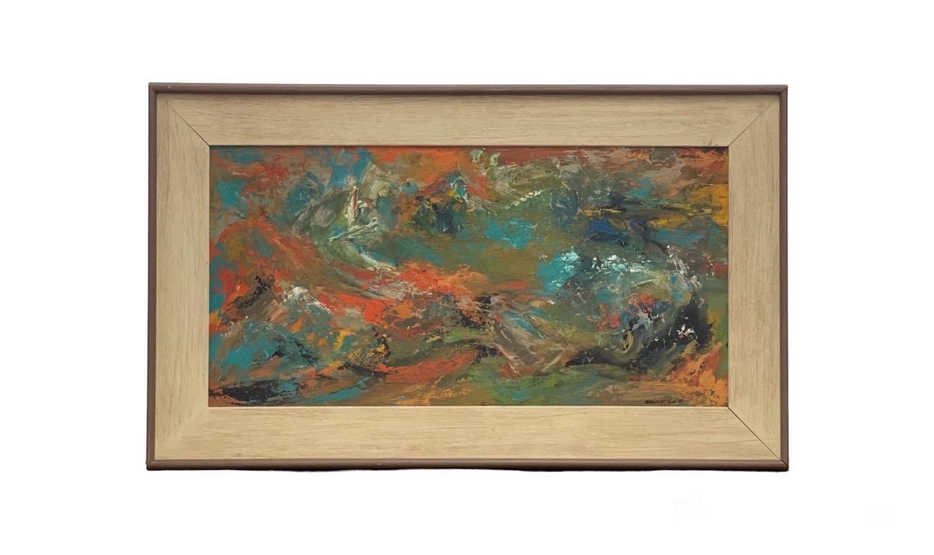 Colorful possibly acrylic or soil on board. American Abstract Expressionist by Margaret Smith

Dimensions. 36 W; 21 1/2 H.