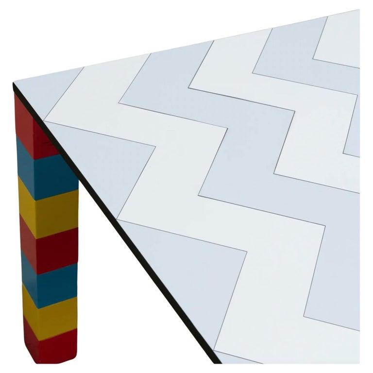 Italian Colorful Post modern George Sowden Square Dining table Zig Zag Laminate top 1981 For Sale
