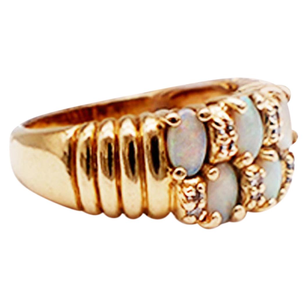 14K Colorful Fire Opal and Diamonds Band Ring Yellow Gold