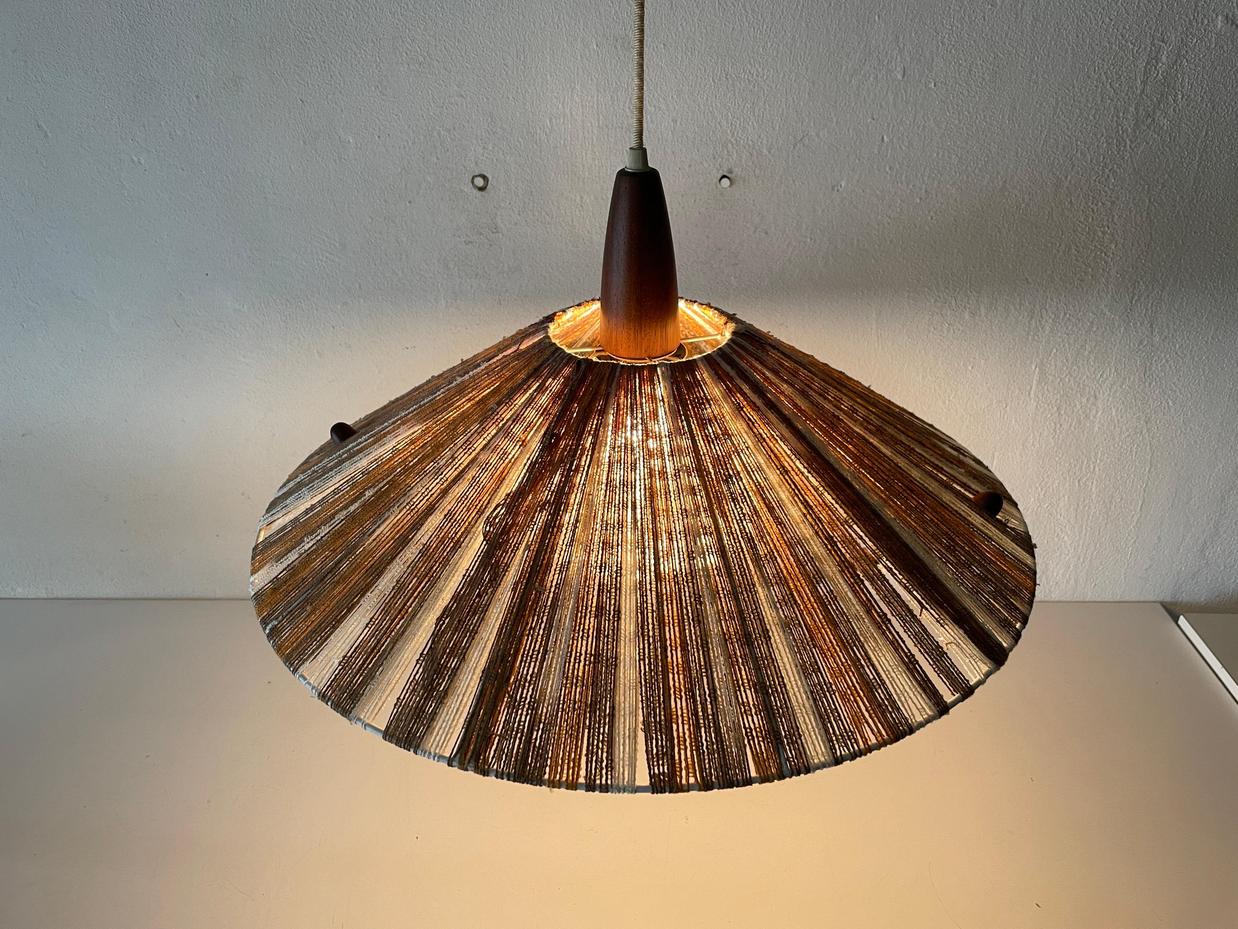 Colorful Raffia Bast and Teak Pendant Lamp by Temde, 1960s, Germany For Sale 7