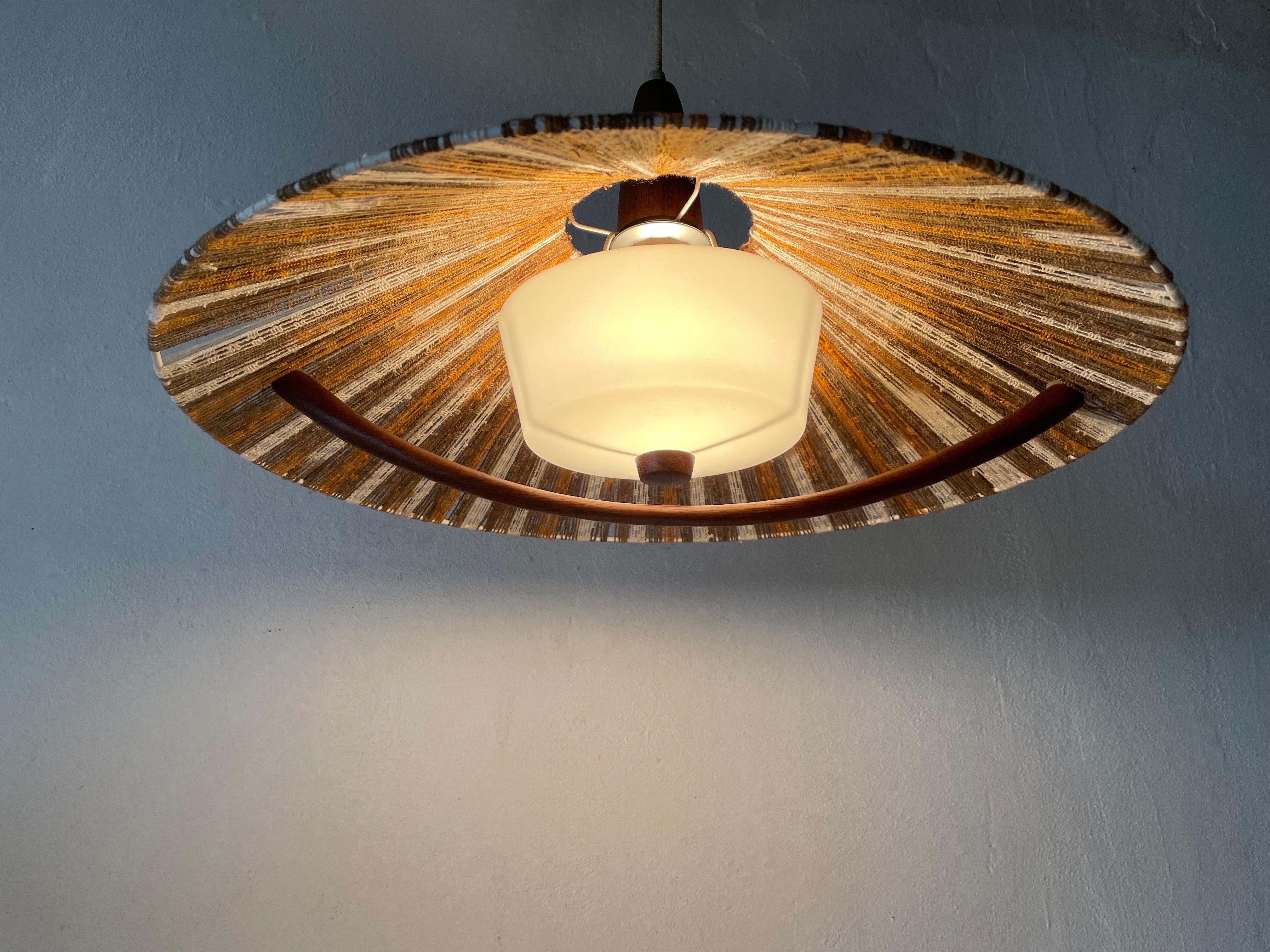 Colorful Raffia Bast and Teak Pendant Lamp by Temde, 1960s, Germany For Sale 12