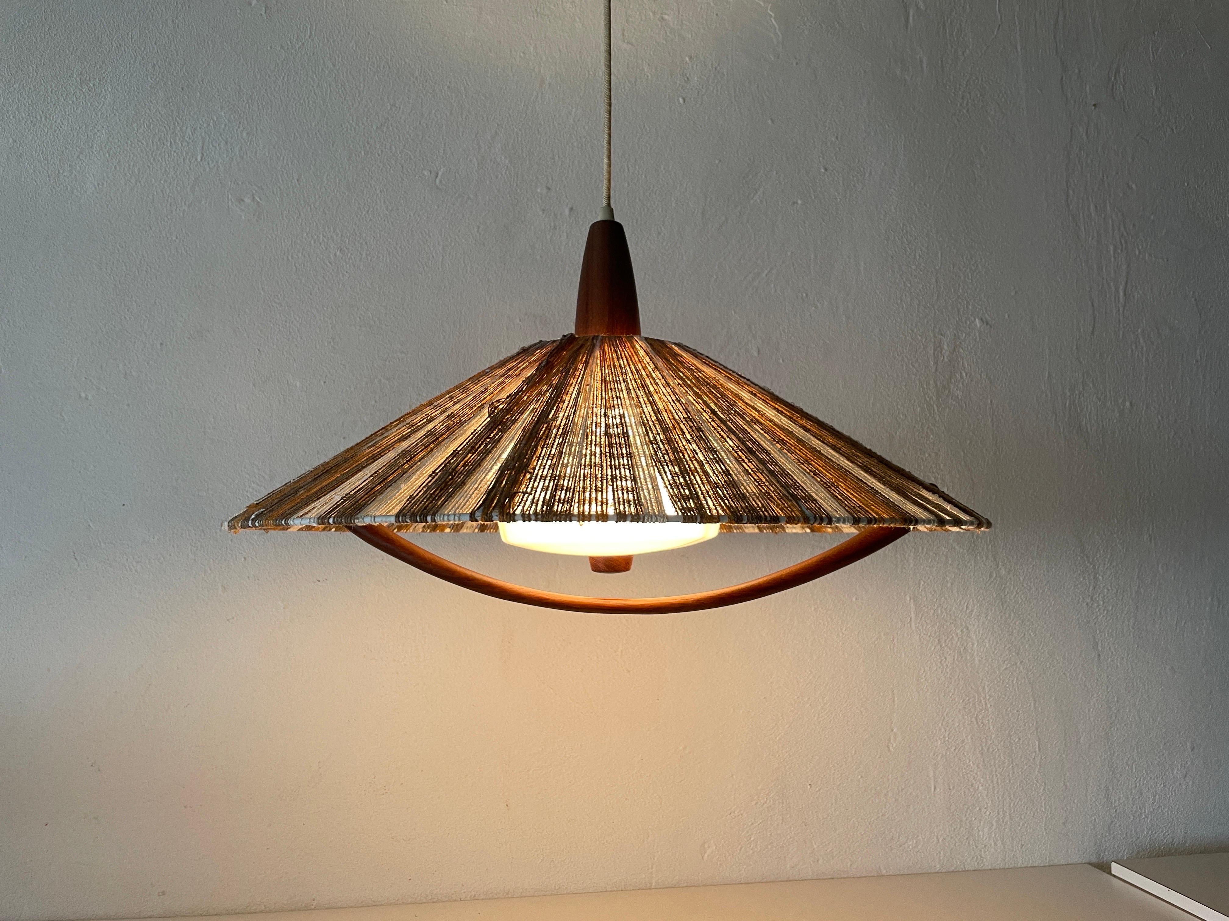 Colorful Raffia Bast and Teak Pendant Lamp by Temde, 1960s, Germany For Sale 3
