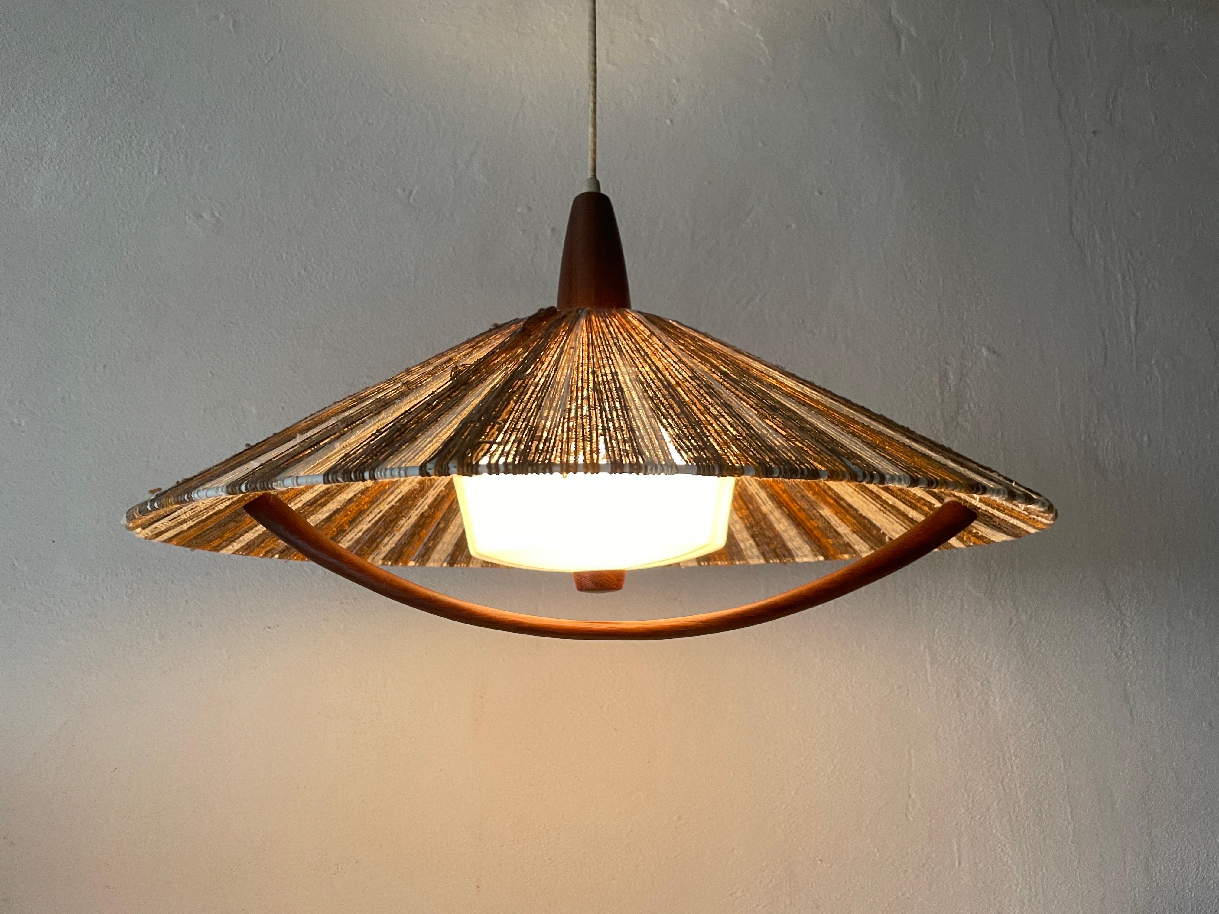 Colorful Raffia Bast and Teak Pendant Lamp by Temde, 1960s, Germany For Sale 4