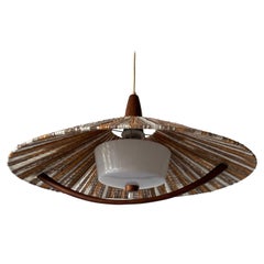 Lampada a sospensione in rafia colorata e teak di Temde, anni '60, Germania