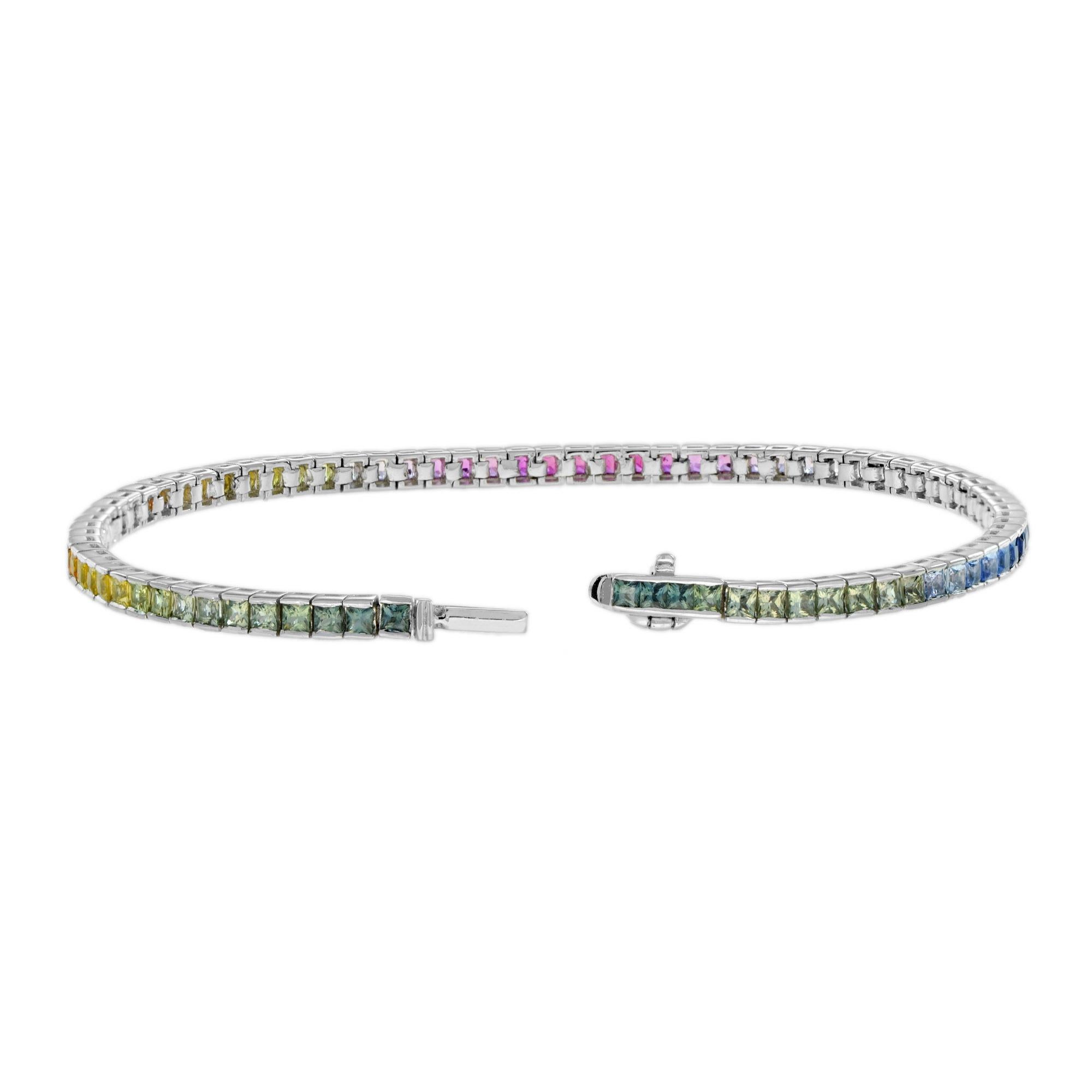 For Sale:  Colorful Rainbow Sapphire Ring and Bracelet Set in 18K White Gold 14