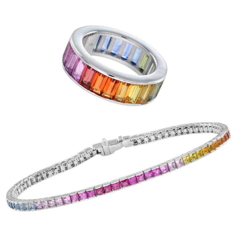 Conjunto de anillo y pulsera de zafiro arco iris de colores en oro blanco de 18 quilates