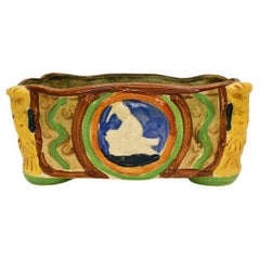 Colorful Polychrome Rectangular Japanese Hand Painted Majolica Ceramic Planter