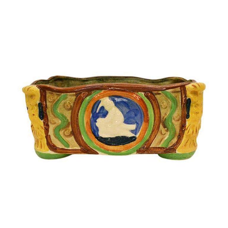 Colorful Polychrome Rectangular Japanese Hand Painted Majolica Ceramic Planter In Good Condition For Sale In Oklahoma City, OK