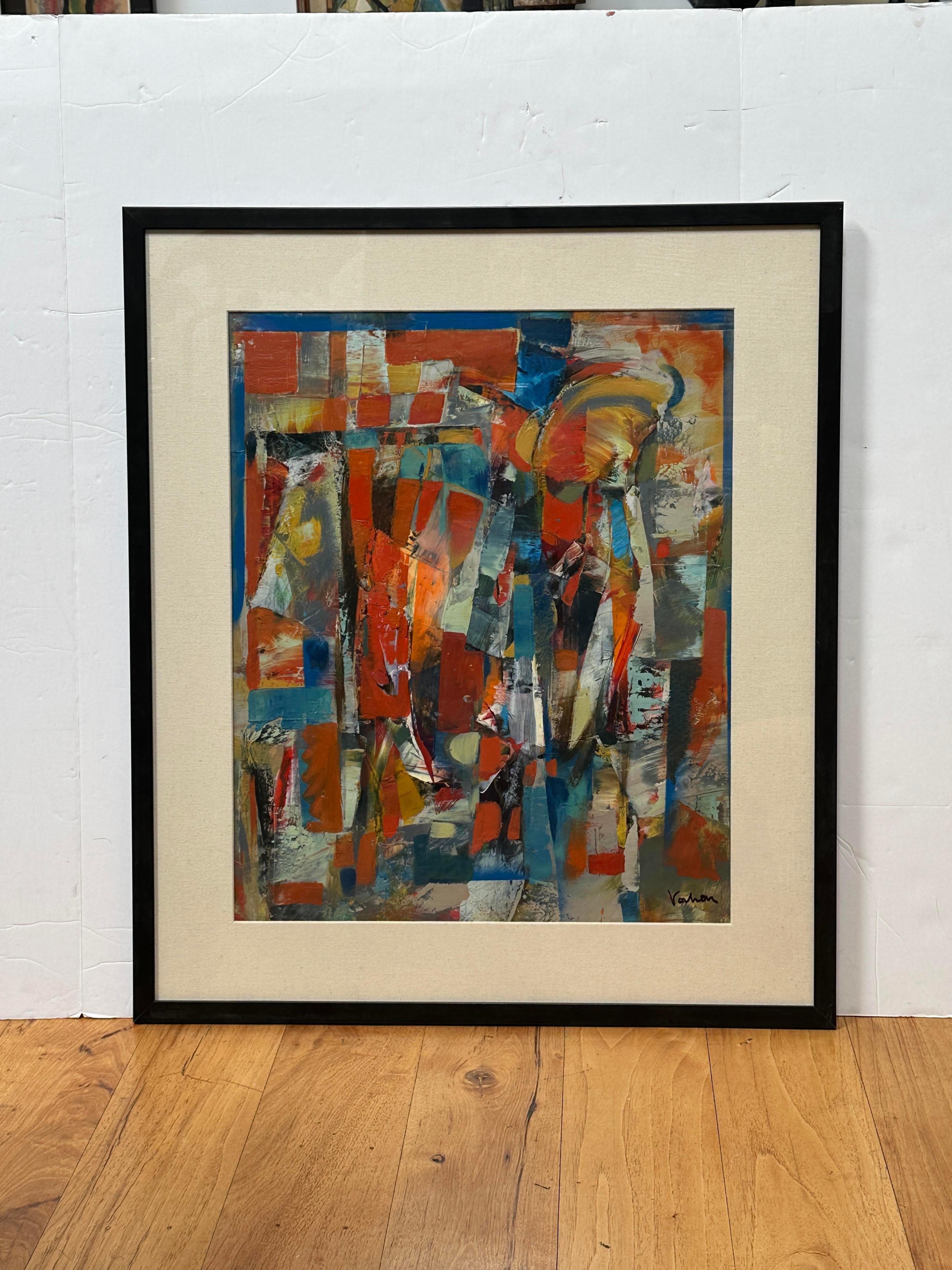 In this abstract painting marked by broad brushstrokes, vertical and rectangular forms, bold colors - an explosion of red, blue, and orange - the presence of a breakthrough of yellow light so powerful that it splashes all over the canvas and beyond.