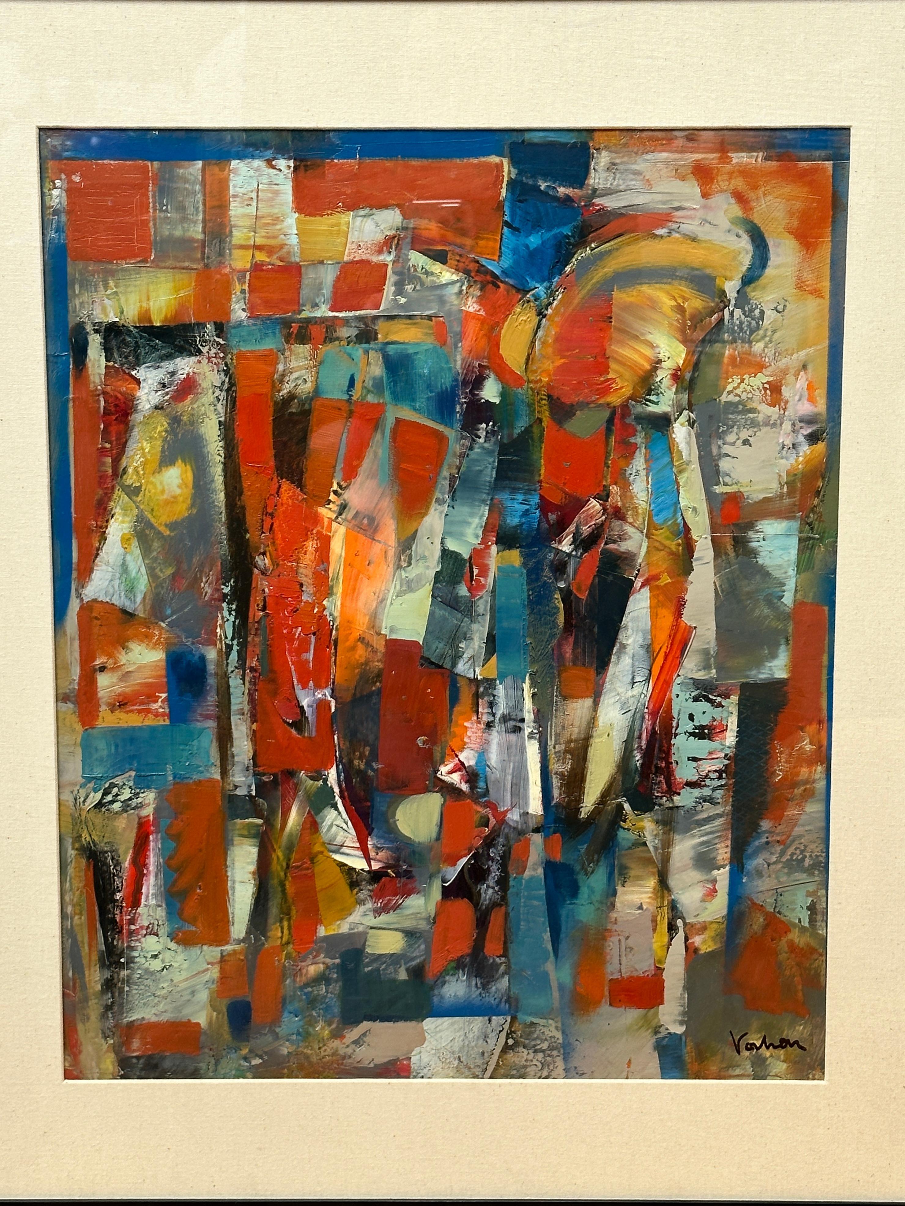 Buntes rotes, blaues und gelbes abstraktes Gemälde von Vahan Yervadyan (Moderne) im Angebot