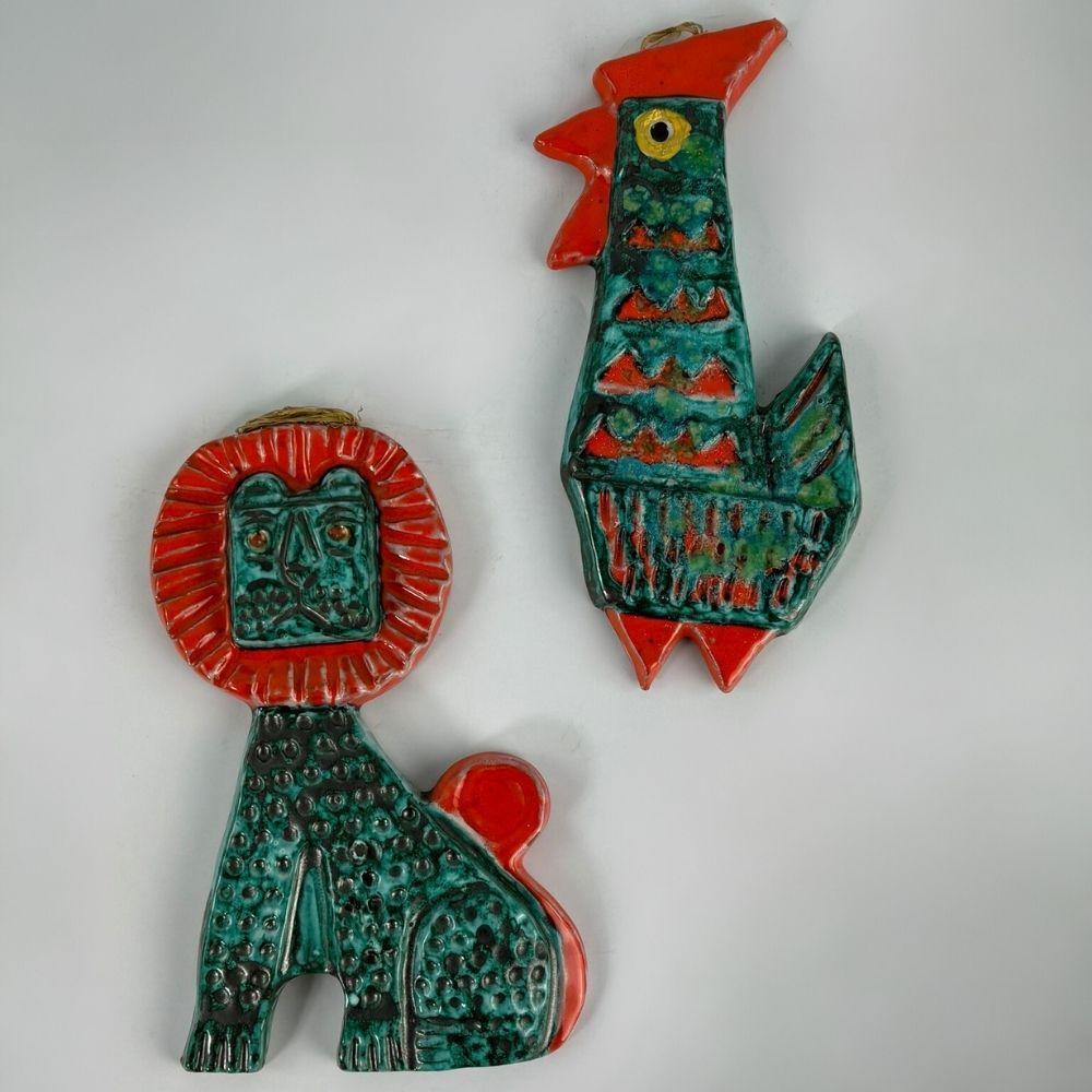 Colorful Retro, vintage wall ceramic rooster by Klára Kertész For Sale 1