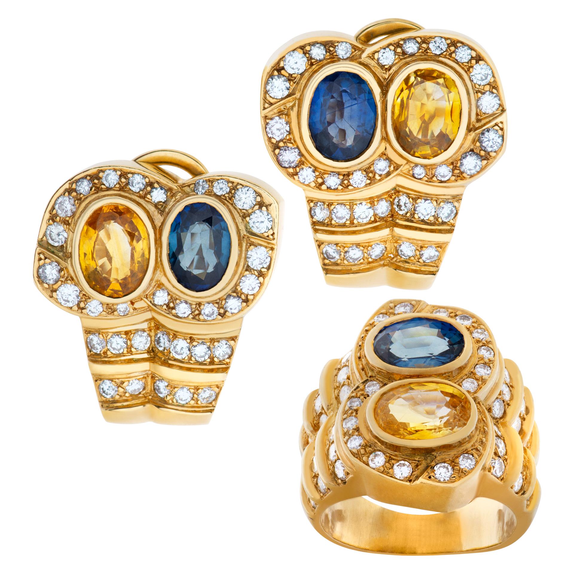Colorful ring & earrings set, with brilliant cut oval citrine, blue topaz & round brilliant cut diamonds set in 18K. Diamonds approximate total weight: 2.50 carats, estimate: G-H color, VS clarity. Ring size 6. Earrings hanging length 23mm.
