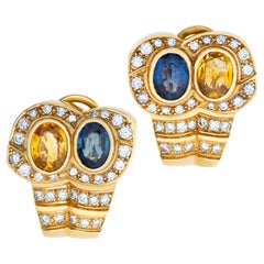Set aus farbenfrohem Ring und Ohrringen, mit ovalem Citrin im Brillantschliff, blauem Topas und Ohrring